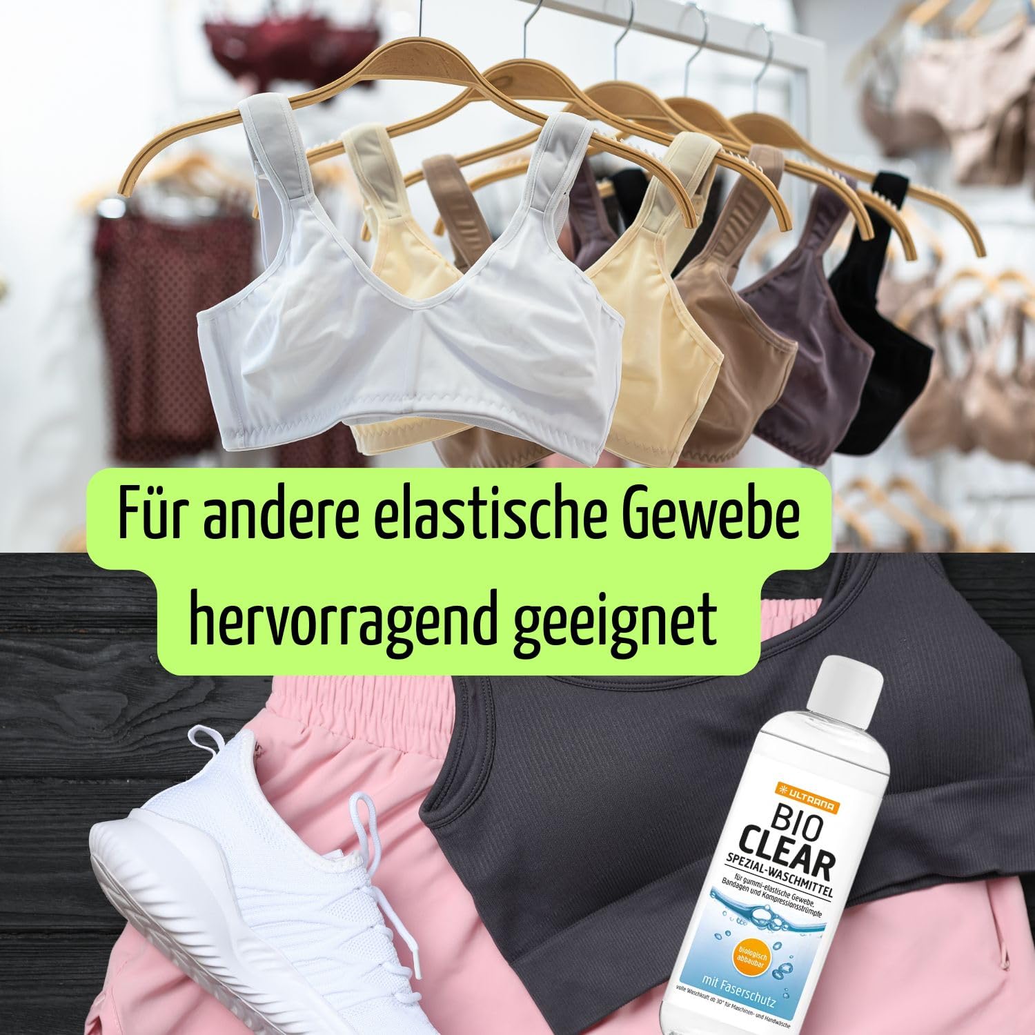 Ultrana - Detersivo per calze a compressione, detergente speciale per calze a compressione, organico trasparente, per biancheria a compressione e calze di supporto + rete per bucato Olanmarp – Made in