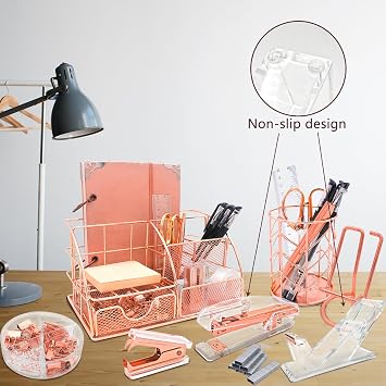 Rose Gold Desk Organizers and Accessories,Office Supplies for Desk,13PS Set with Acrylic Stapler,Tape Dispenser,Staple Remover,Pen Holder,Clips,Scissor, Phone Holder,Pen