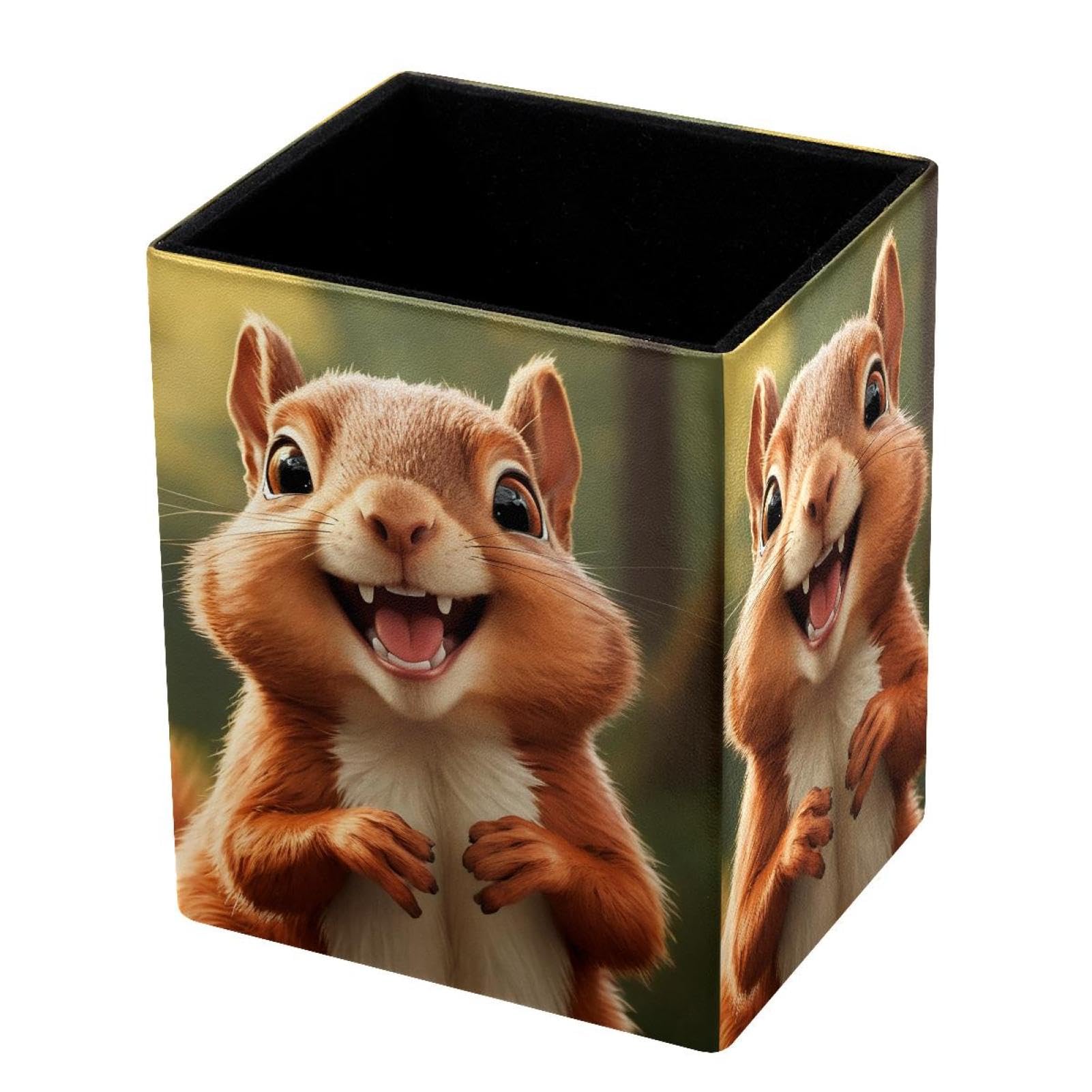 HEOEH Pen Holder for Desk, Squirrel Pencil Holder Pen Organizer, PU Leather Pencil Cup Makeup Brush Holder for Home School Office Supplies