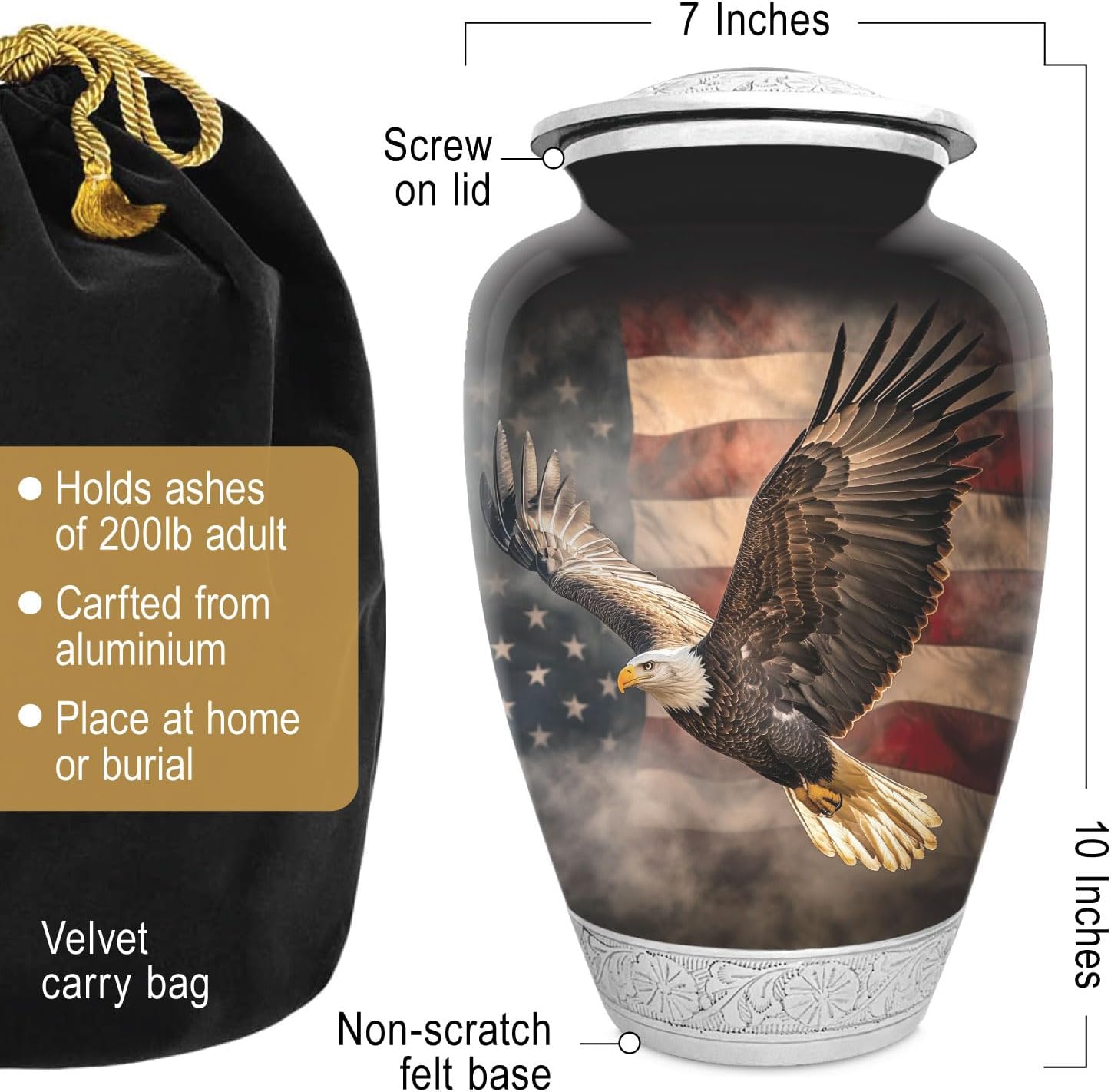 American US Flag Patriotic Eagle Urn for Human Ashes | Large Handcrafted Funeral Memorial | Decorative Cremation Urn for Women and Men - Image 2