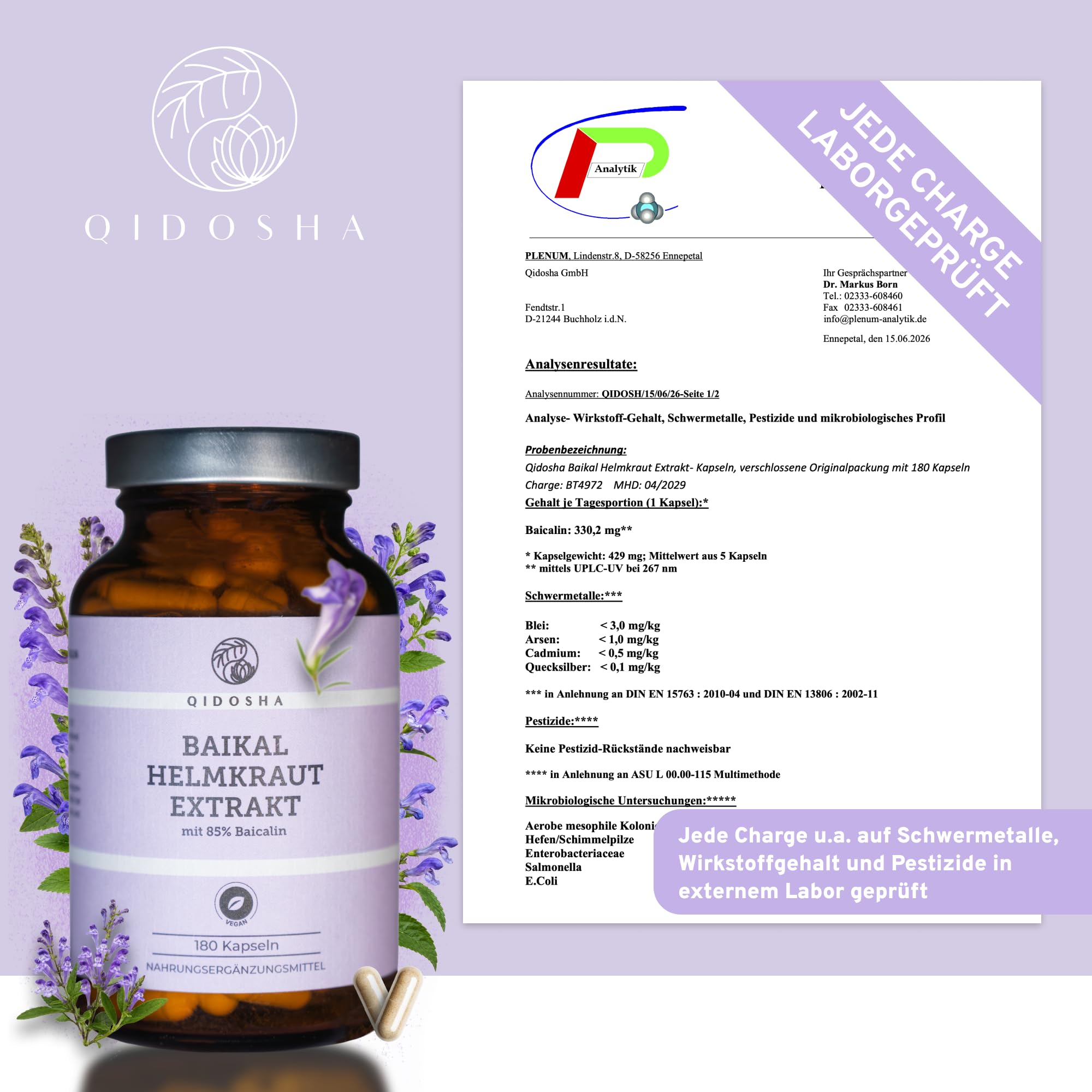 QIDOSHA® Baikal Helmkraut Extrakt mit einzigartigem 85% Baicalin-Gehalt - ganze 340 mg Baicalin pro Kapsel, vegan, 180 Kapseln im Apothekerglas, deutsche Fertigung, jede Charge Labor geprüft