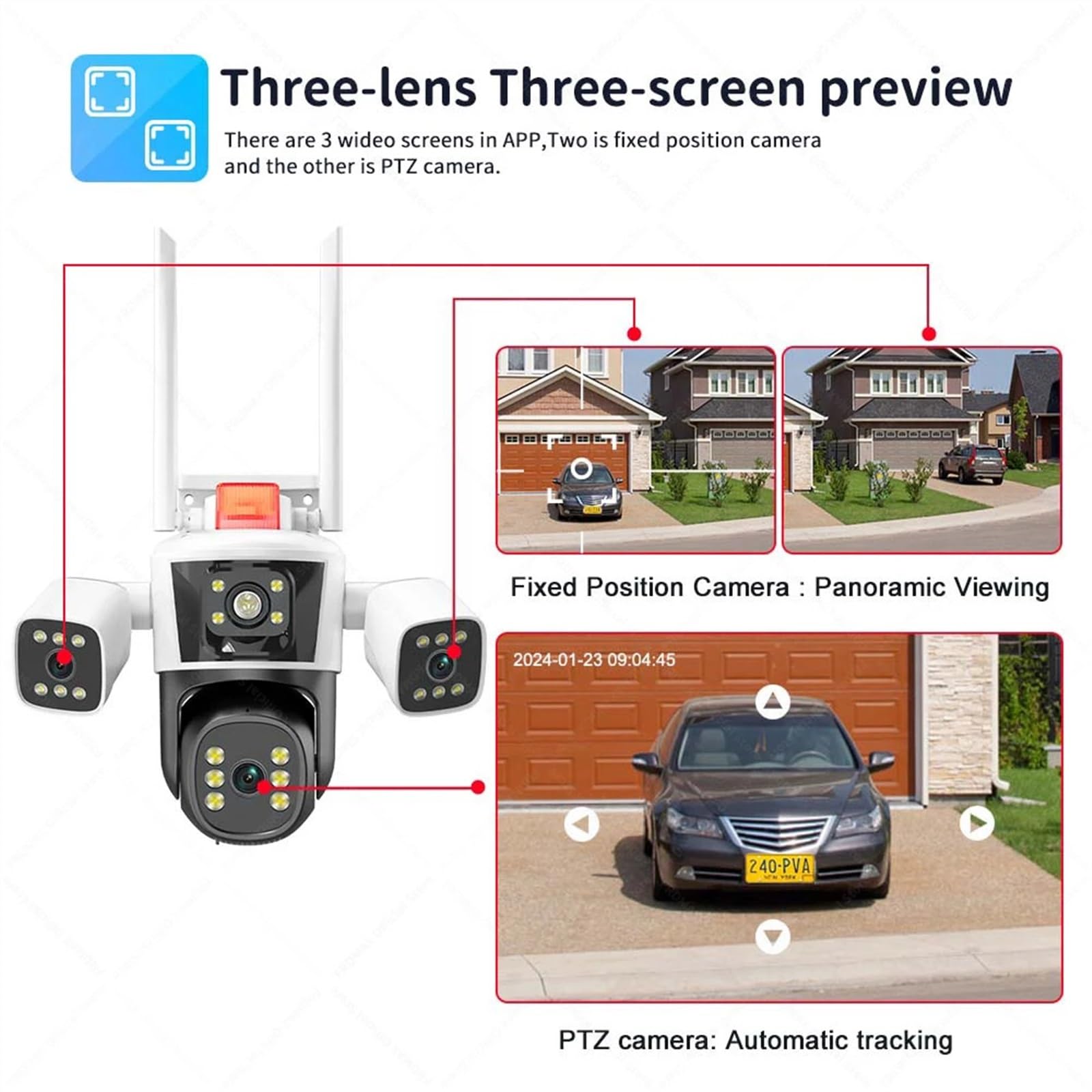 Kamera bezpieczeństwa, Kamera IP 6K 12MP Trzyobiektywowy widok panoramiczny Zewnętrzna kamera PTZ Śledzenie AI Ochrona bezpieczeństwa Kamery monitorujące CCTV(12MP Cam Add 128G)