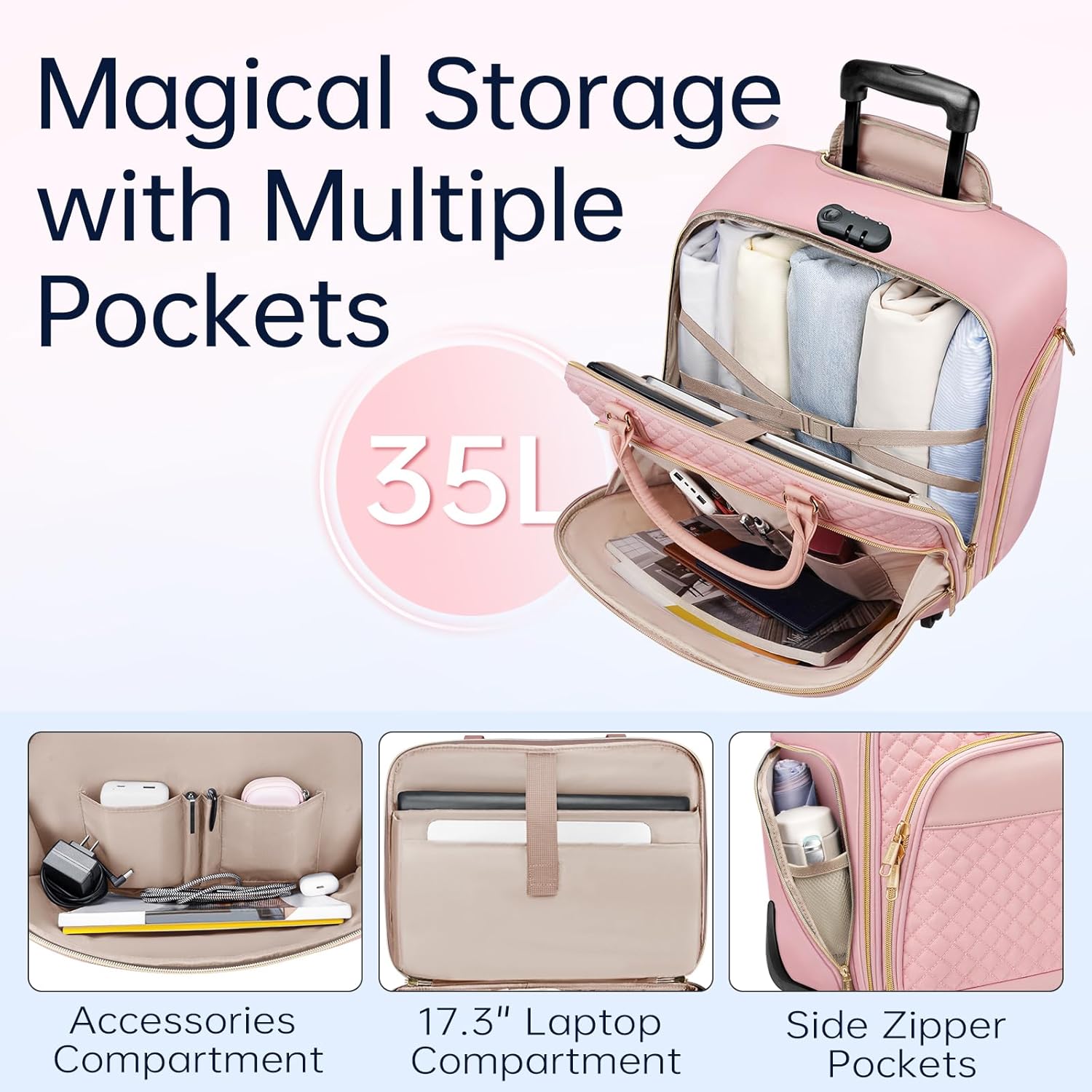 Ytonet Rolling Briefcase for Women, 17.3 Inch Laptop Bag with Lock, Water Resistant Overnight Computer Bag on Wheels Roller Bag for Travel Business Work School Weekender Teacher, Pink