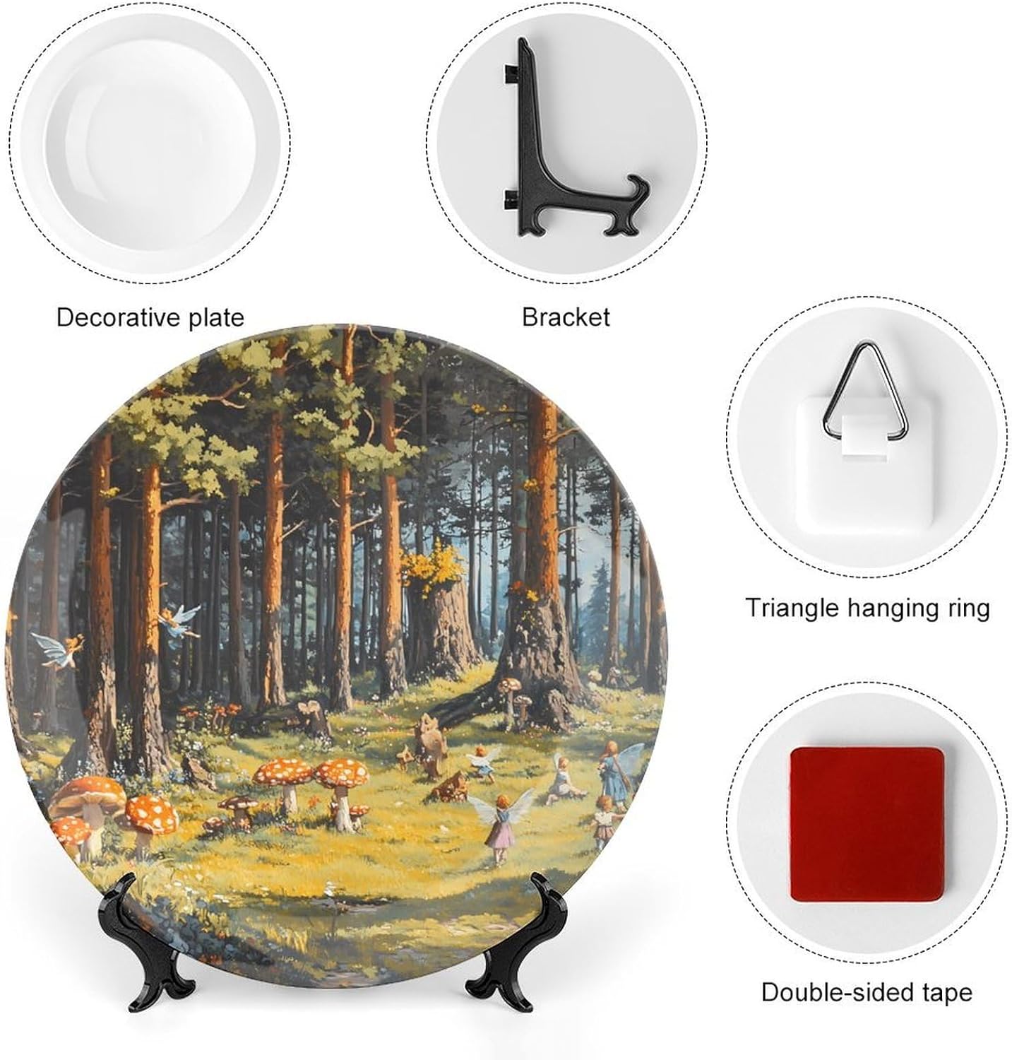 Fairies Hide Seek Forests Trees Mushrooms Decorative Plates for Display Ceramic Plate Tray with Stand Hanger Home Decor