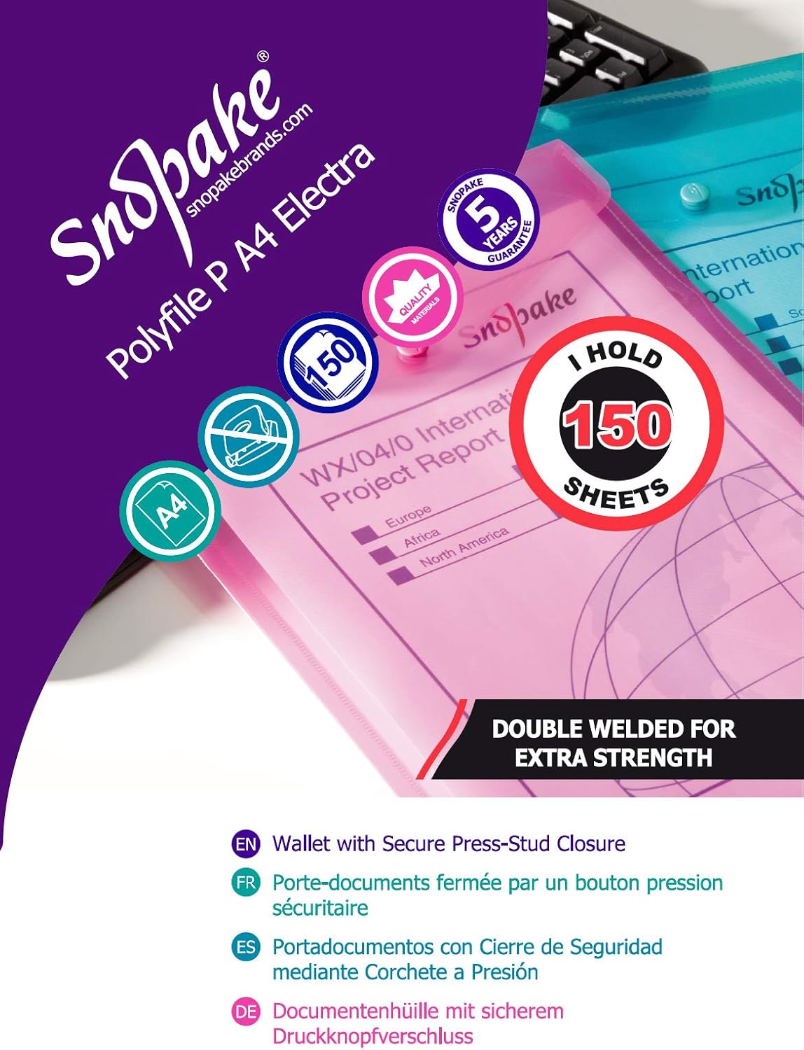 Snopake 13266 Polyfile P A4 Portrait Popper Wallet File with Press Stud - Electra Assorted Colours (Pack of 5)