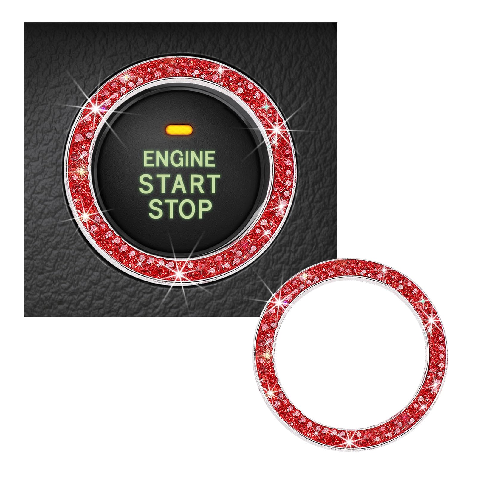 Kewucn Bling Crystal Double Rhinestone Car Engine Start Decoration Ring, Sparkling Push Start Button Sticker, Key Ignition & Knob Ring Decoration, Bling Car Interior Accessory(Red)