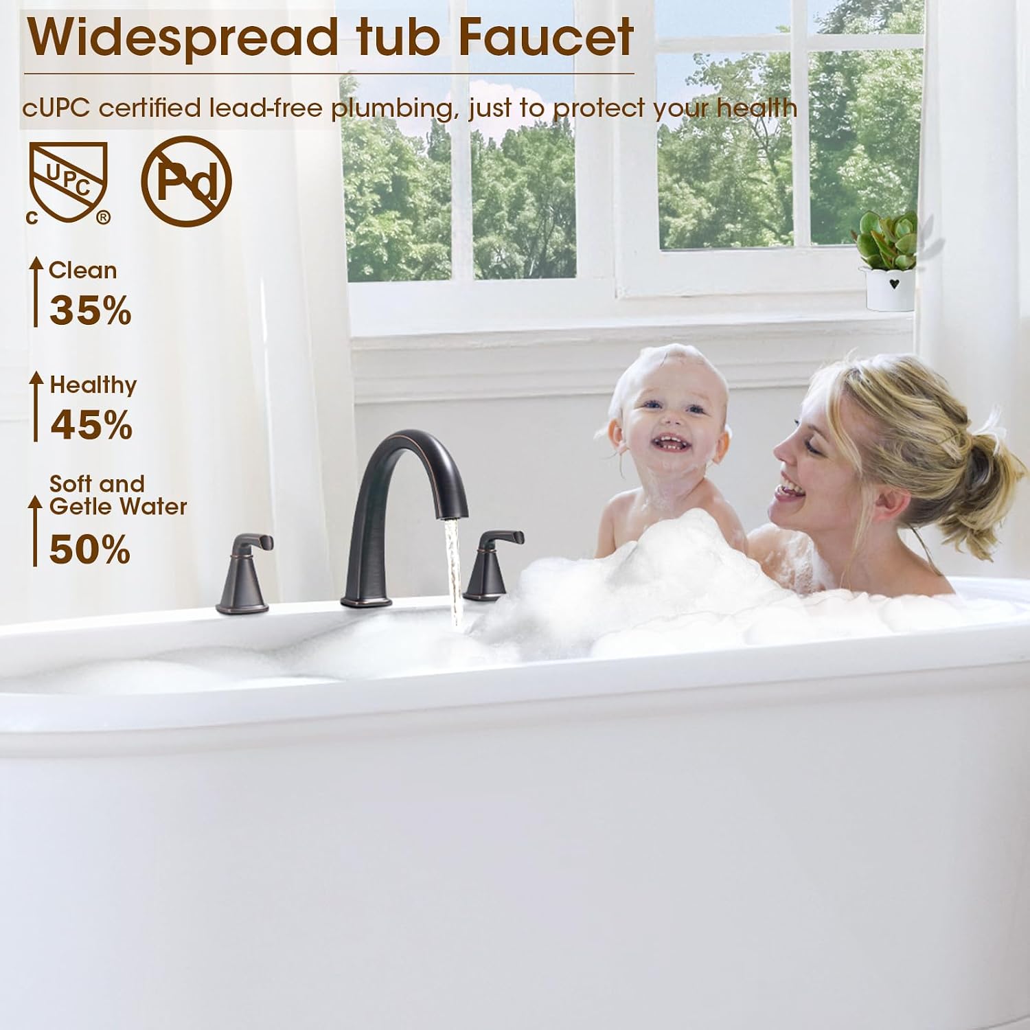 Oil-Rubbed Bronze Roman Tub Faucet, Solid Brass Bathtub Faucet Set with Valve, 2-Handle Widespread Deck Mount Bathtub Faucets 3 Hole, High Flow Bath Tub Faucet Set with Hot & Cold Supply Lines