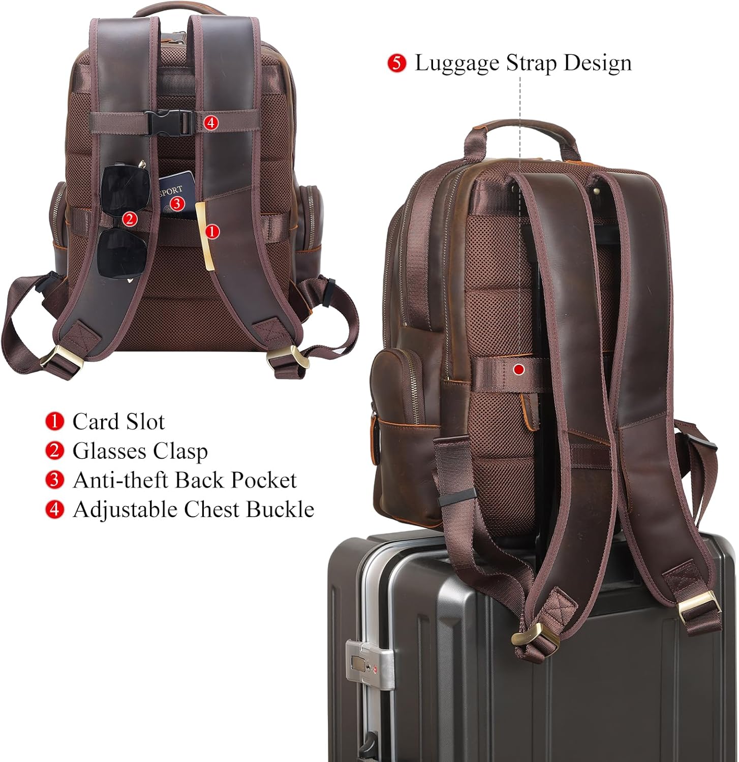 TIDING Vintage Full Grain Leather 15.6 Inch Laptop Backpack for Men Large Capacity Travel Rucksack Weekender Camping Daypacks - Image 2