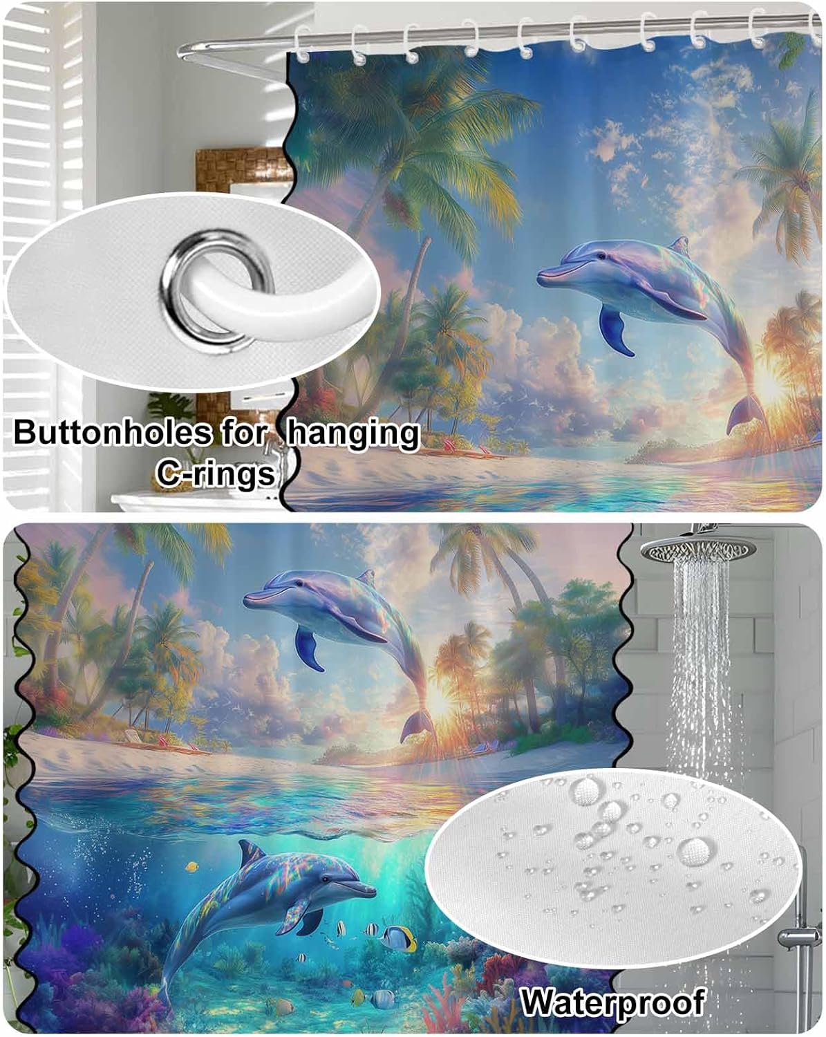 Shower Curtain with Black Scalloped Edge for Bathroom, Blue Ocean Theme Summer Coral Dolphin Animal Cloth Shower Curtain, Washable Waterproof Fabric Shower Curtain Bathtub Decor 36x72in