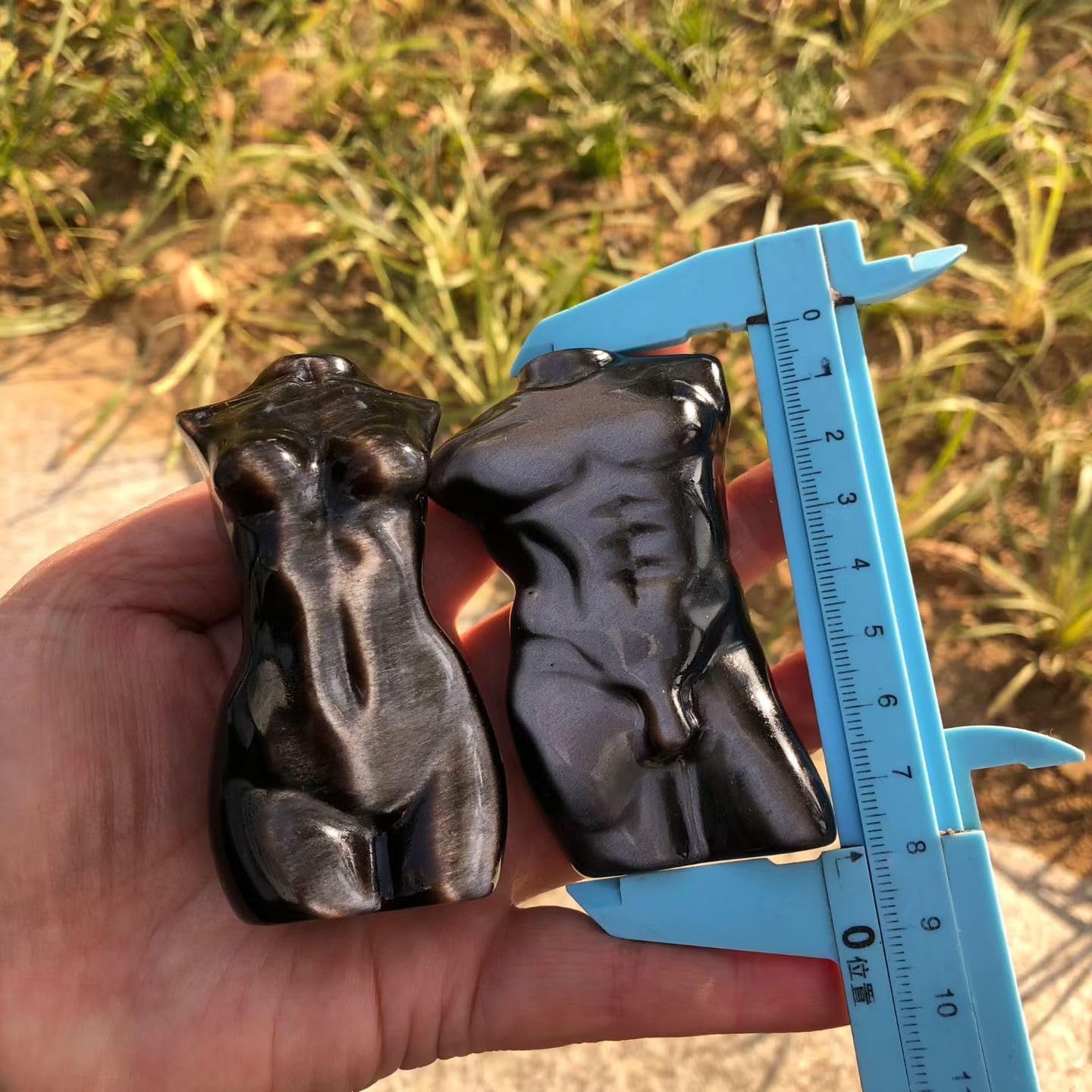 2PCS Silver Black Obsidian Torso Sculptures, Hand-Carved Male and Female Figurines, 3-4 Inch Decorative Art Pieces, Natural Volcanic Glass with Polished Finish