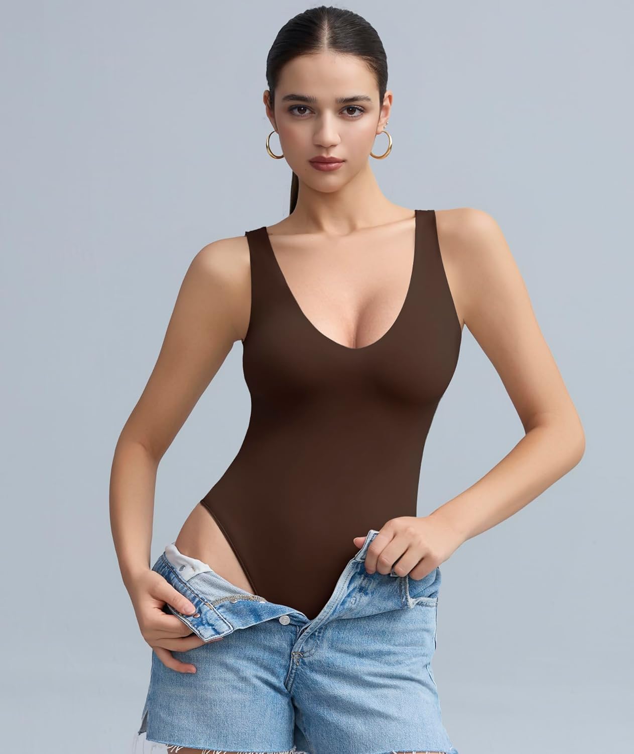 Women's Double-Lined Deep V Neck Bodysuit - Backless Sexy Sleeveless Thong Body Suits Tank Tops (Non-See Through) - Image 3