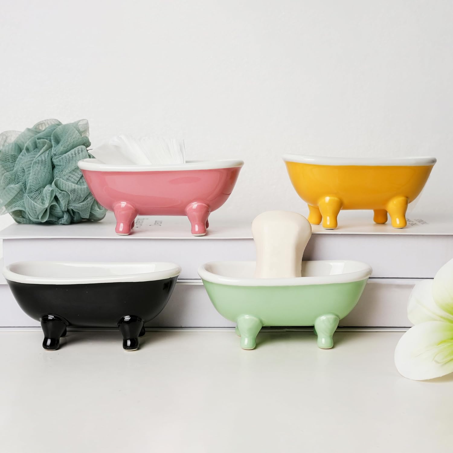 5.7" Ceramic Mini Clawfoot Bathtub Bar Soap Dish, Decorative Bar Soap Holder for Shower, Bathroom & Kitchen Sink (Black)