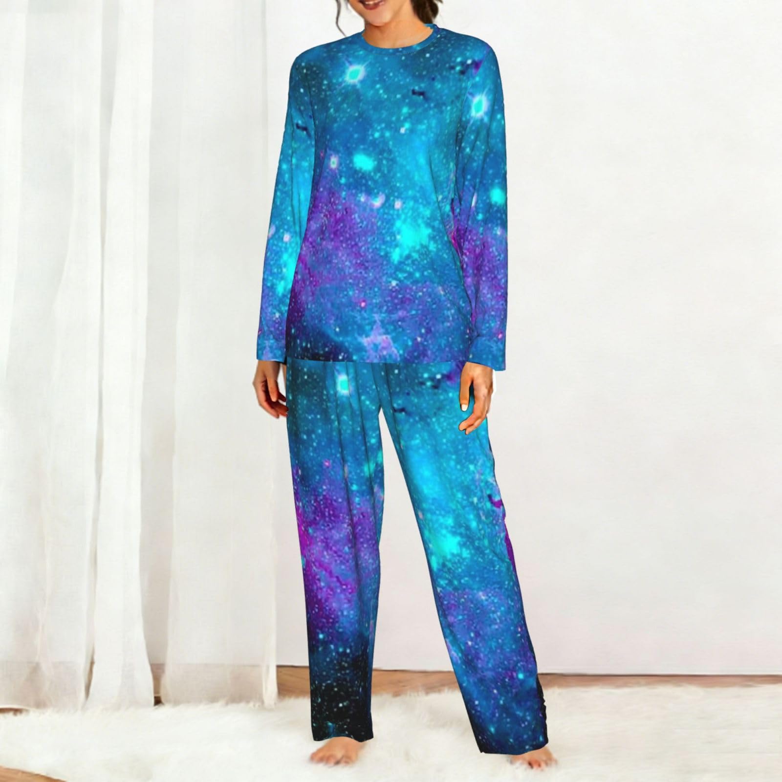 Pigiama da donna a maniche lunghe con stampa cielo stellato viola Set pigiama morbido elastico coulisse casual Daywear