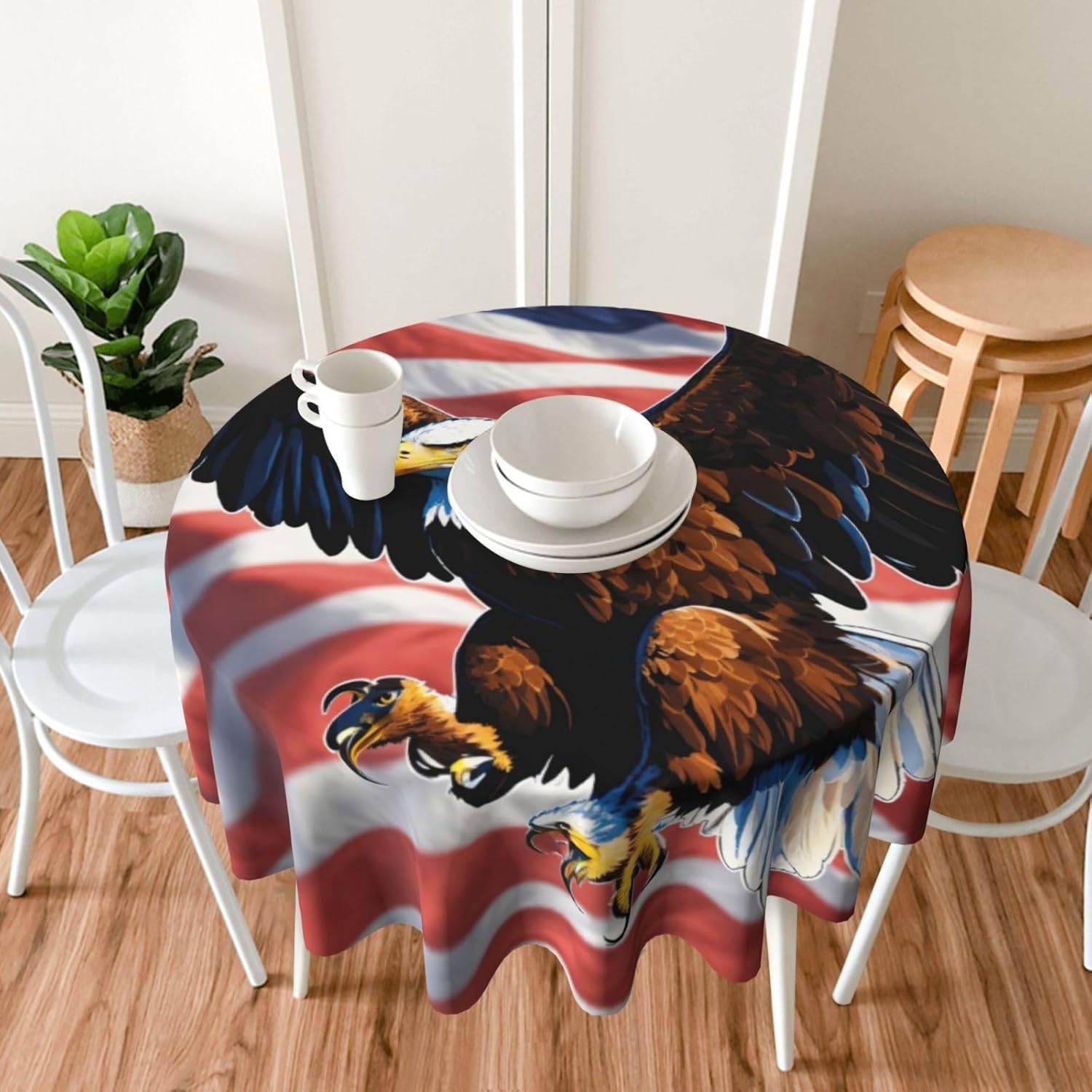 Eagle with USA Flag Print Wrinkle Free Dining Table Cover for Birthday Party Farmhouse Tablecloths Up to 60 x 60 Inches