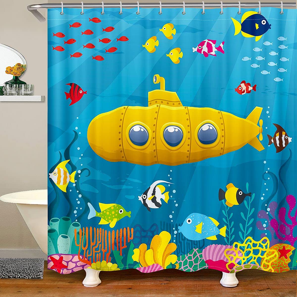 Rideau de douche sous-marin jaune grand format 183 x 198 cm accessoire de bain enfant