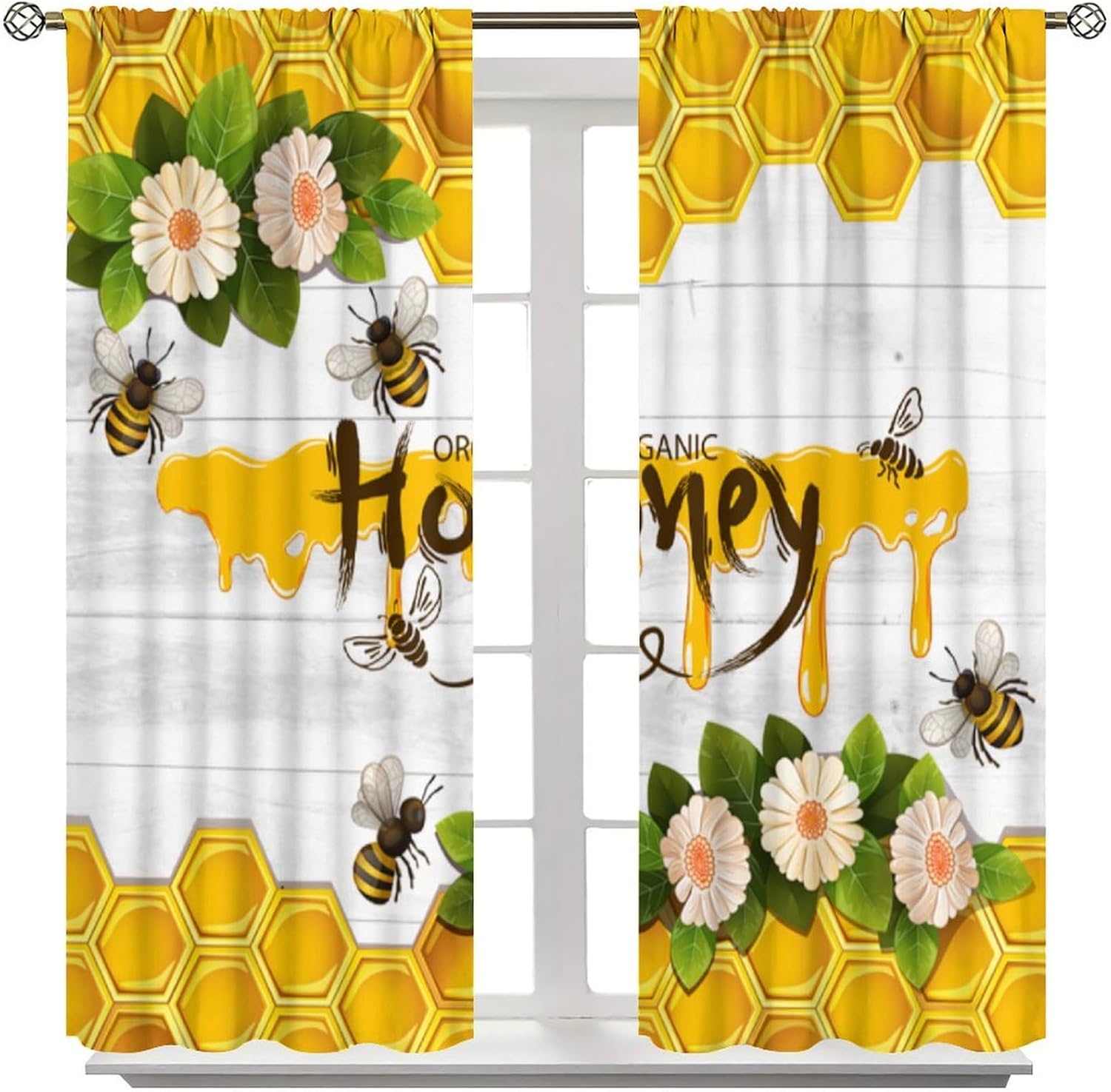 Retro Rustic Flying Bee Curtains,Vintage Flower Honey Pattern Blackout Rod Pocket Window Treatments for Women Kids Girls Bedroom Kitchen Living Restaurant Cafe Drapes Decoration 42" W X 45" L