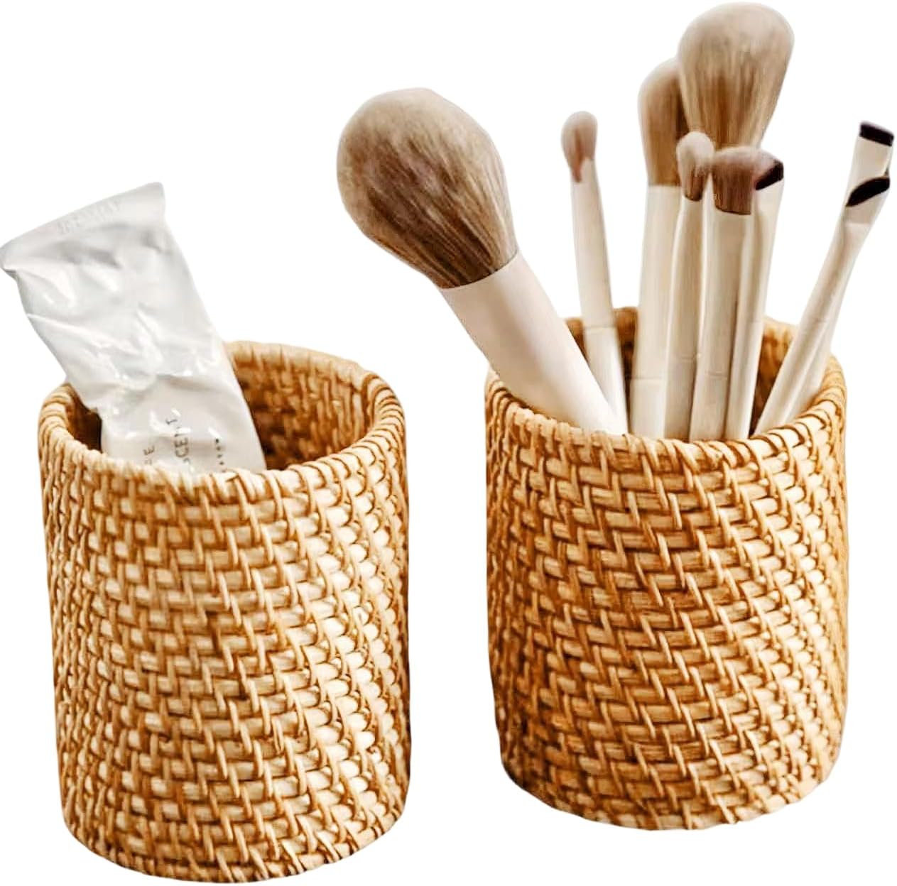 2 Pack Rattan Boho Pencil Holders Desk Accessories – Handmade Boho Cup Storage, Cute Woven Pen Cup for Classroom, Office Organizer