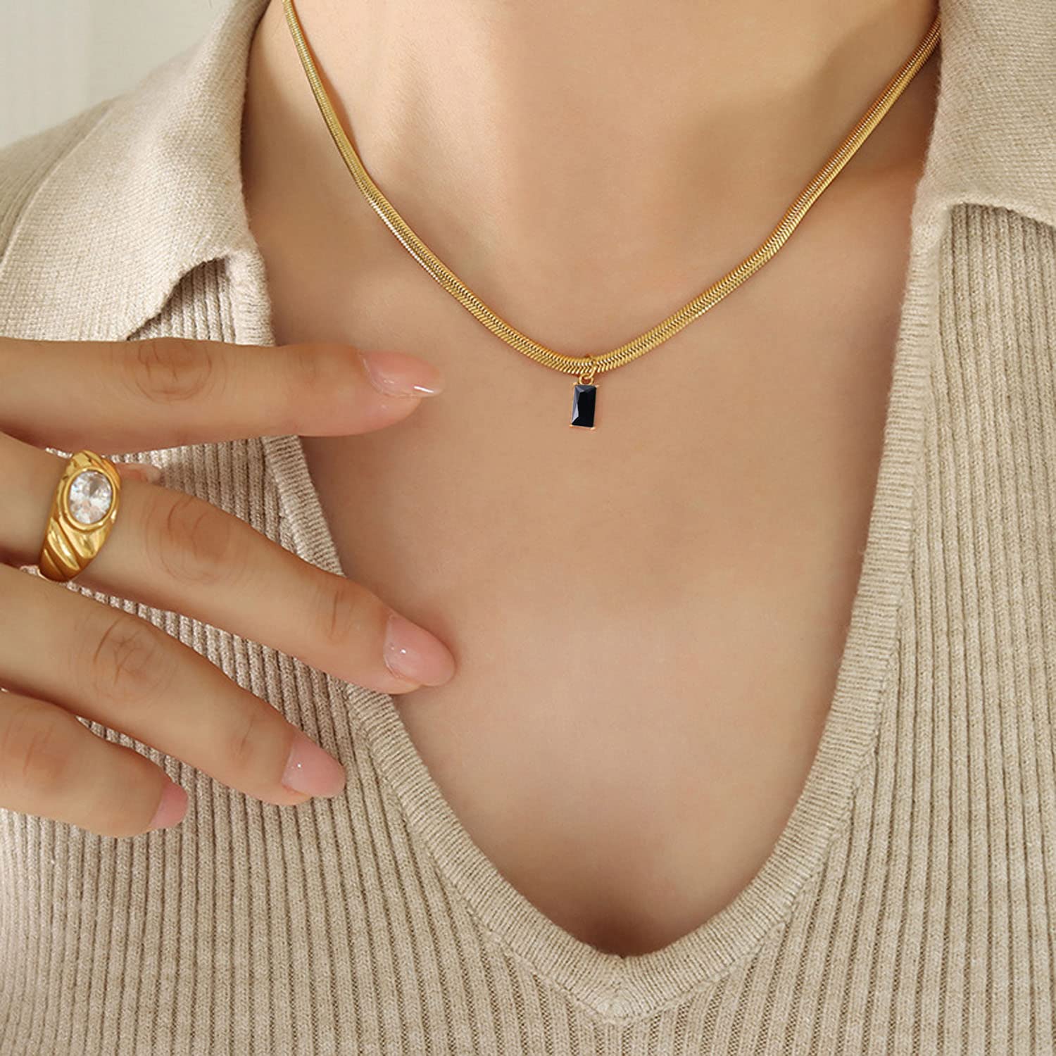 18k Gold gefüllt Vintage Choker S für Frauen wasserdichte Goldhalshänger Anti -Turner Edelstein -Zirkon -Rechteck -Anhänger