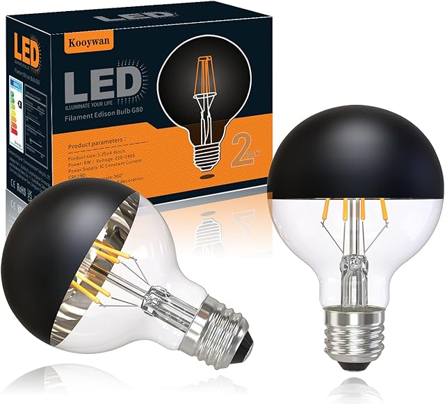 KOOYWAN Black LED Light Bulb Vintage E27 Screw Cap 2700K Warm White Half Chrome Crown Mirror G80/G25 Globe Shape Dimmable Decorative Edison LED Bulb 6W Pack of 2