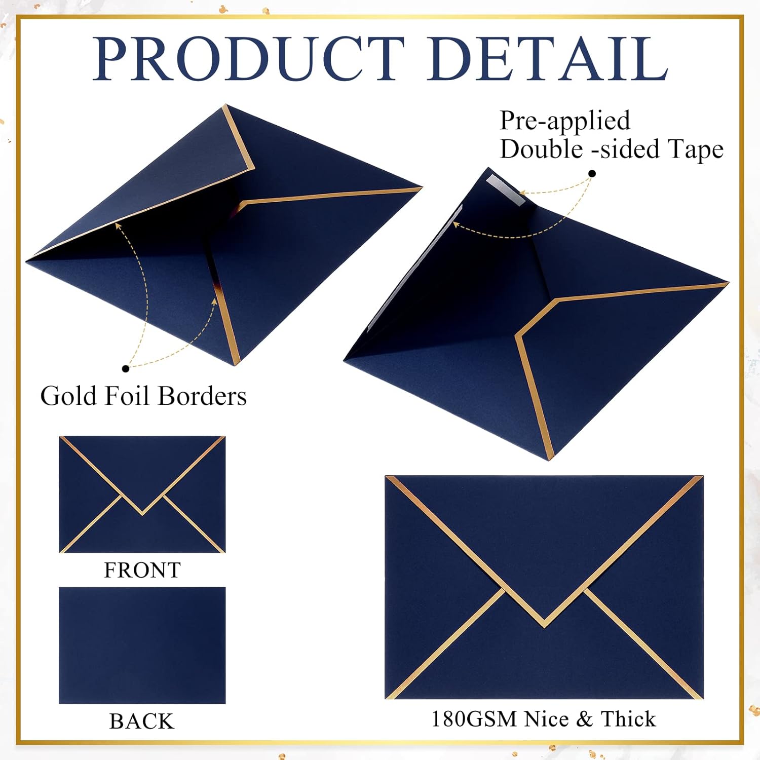 Epakh 100 Pack A7 Envelopes with Gold Border 5 x 7 Envelopes for Invitations V Flap Self Adhesive Thick Mailing for Office Wedding Greeting Cards Birthday Bridal Shower Graduation Parties(Dark Blue)