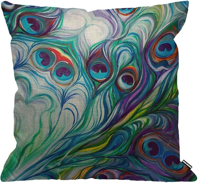 HGOD DESIGNS Cushion Cover Peacock Feather Oil Painting Feathers White Blue Pink Throw Pillow Cover Home Decorative for Men/Women/Boys/Girls living room Bedroom Sofa Chair 18X18 Inch Pillowcase