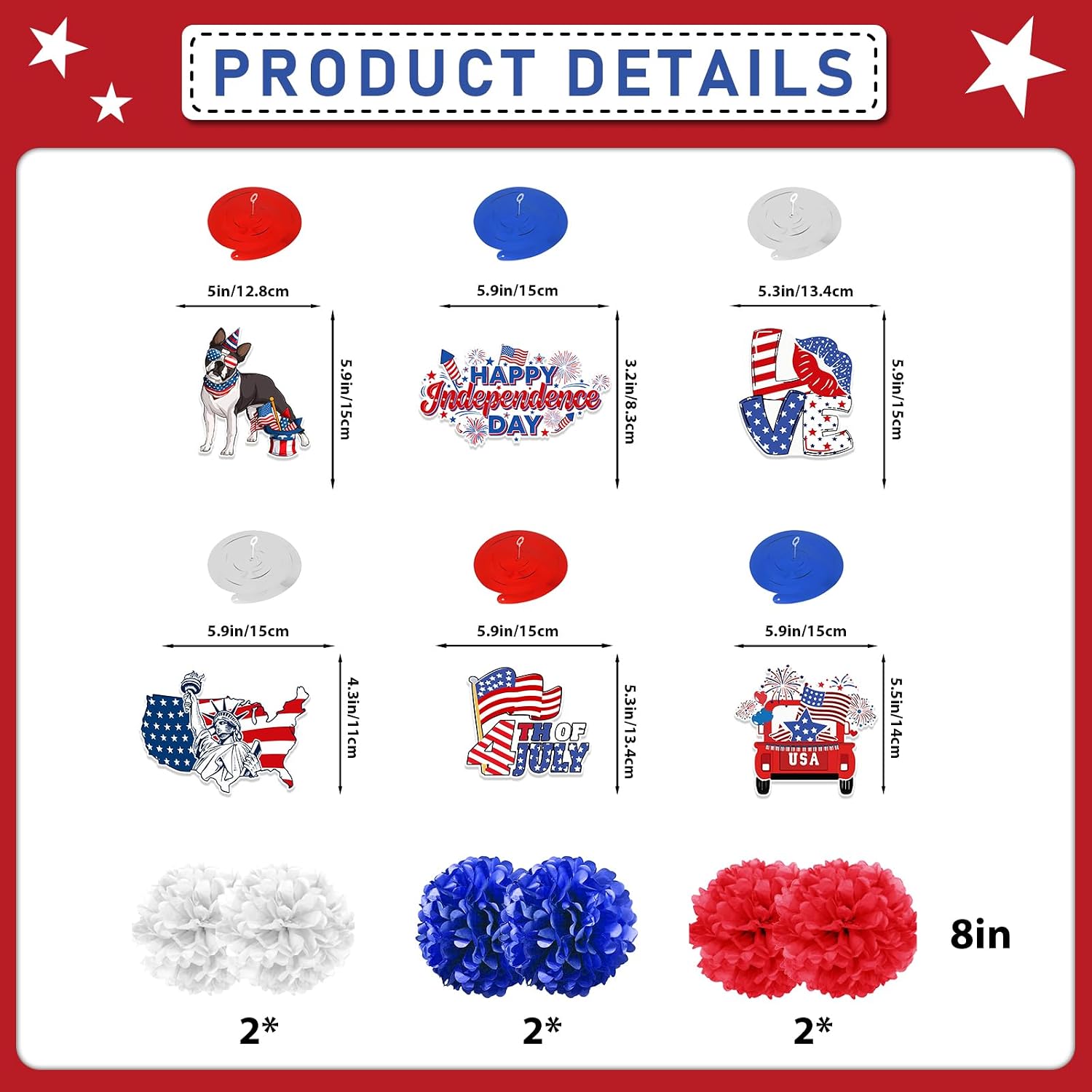 4th of July Decorations: Red White and Blue Decorations July 4 Decorations Include Banner Garland Hanging Swirls Paperflower for 4th of July Decorations Outdoor
