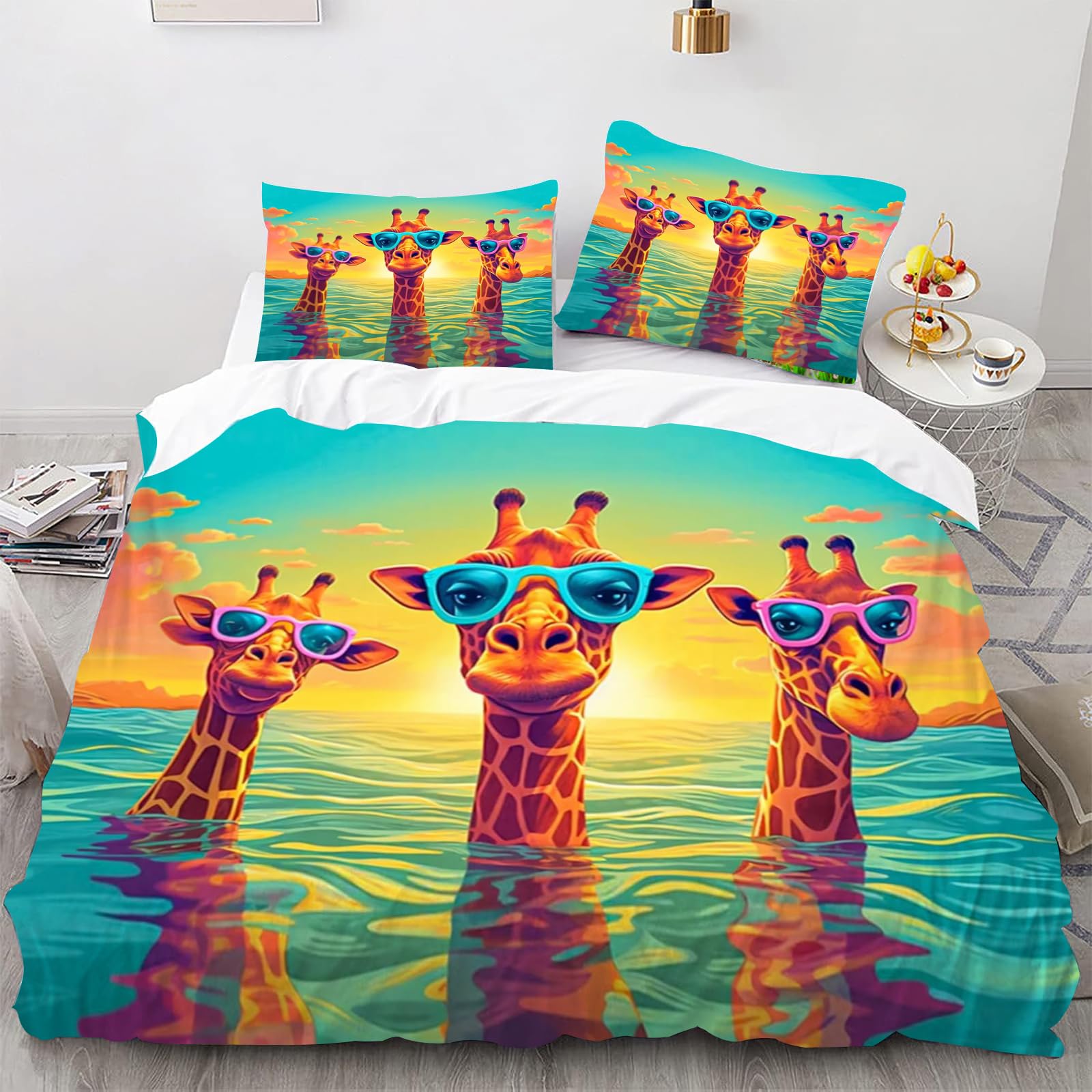 SMchwbc Giraffe Bed Linen 135 x 200 cm, Children's Giraffe Animals Duvet Cover Set for Teenagers, Giraffe Microfibre Giraffe Animals Bedding Sets with Zip (135 x 200 cm, 2)