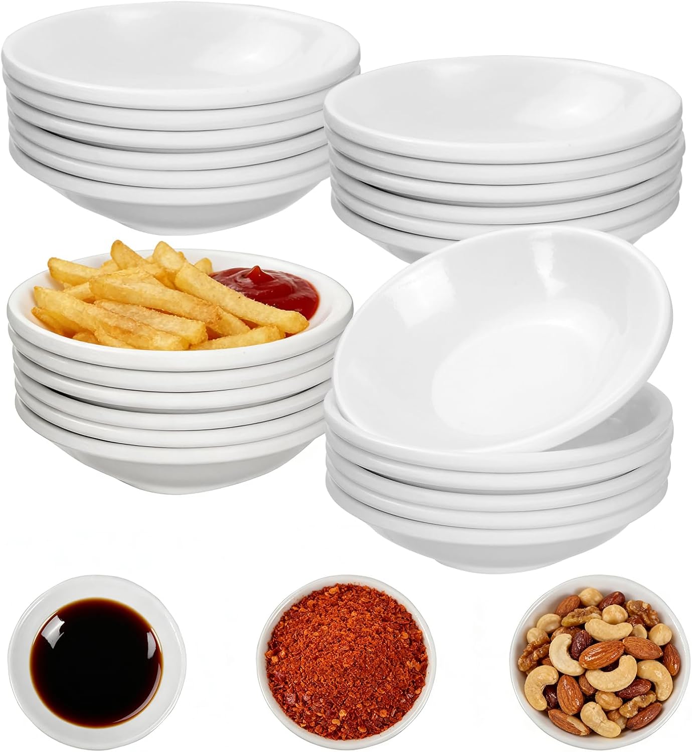 24 PCS Round Soy Sauce Dish, 2.87in Dipping Bowls Small Bowls, Mini Side Seasoning Dishes, Reusable Melamine Spice Bowls for Ketchup Sushi Snack Spice Tomato Sauce BBQ Seasoning (White)