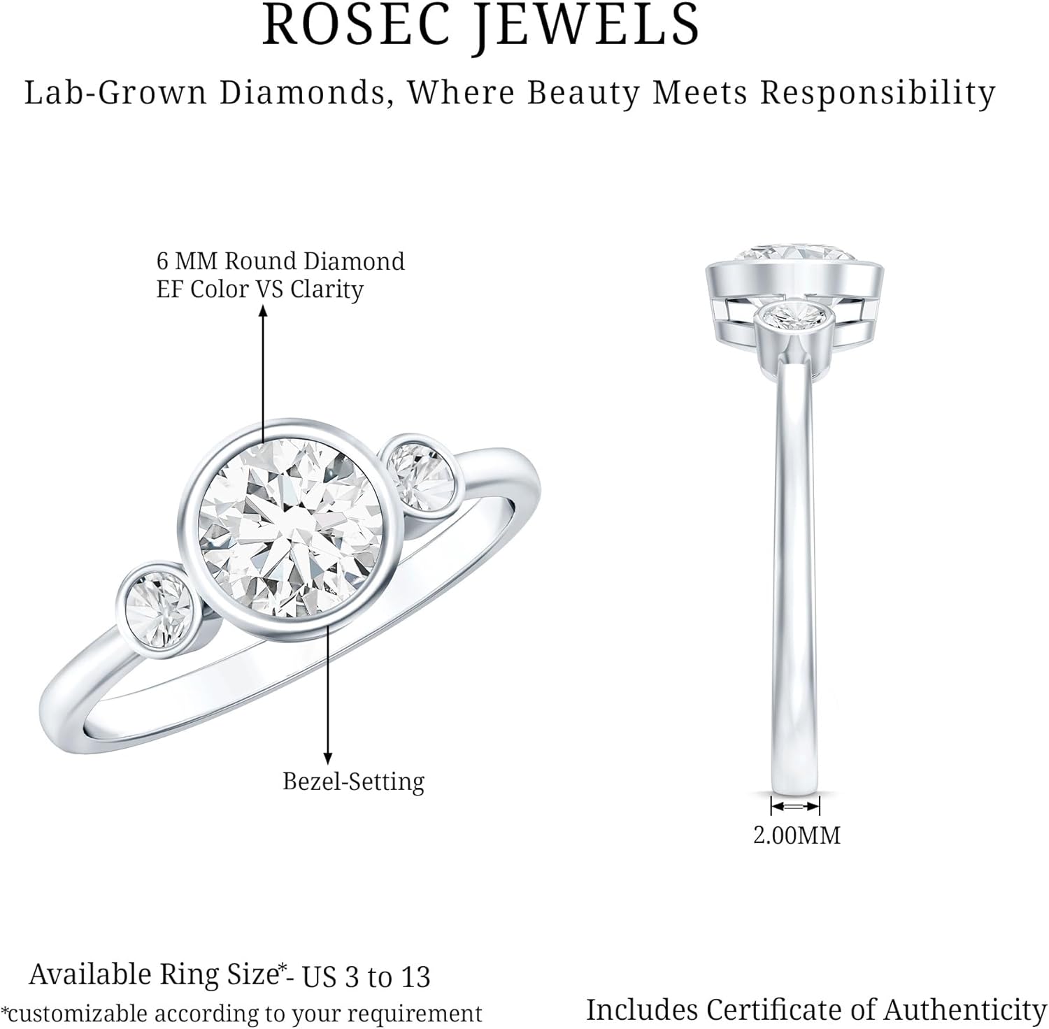Certified Lab Grown Diamond Bezel Set Engagement Ring, Ef-Vs Quality, Diamond Past Present Future Ring - With Gift Box