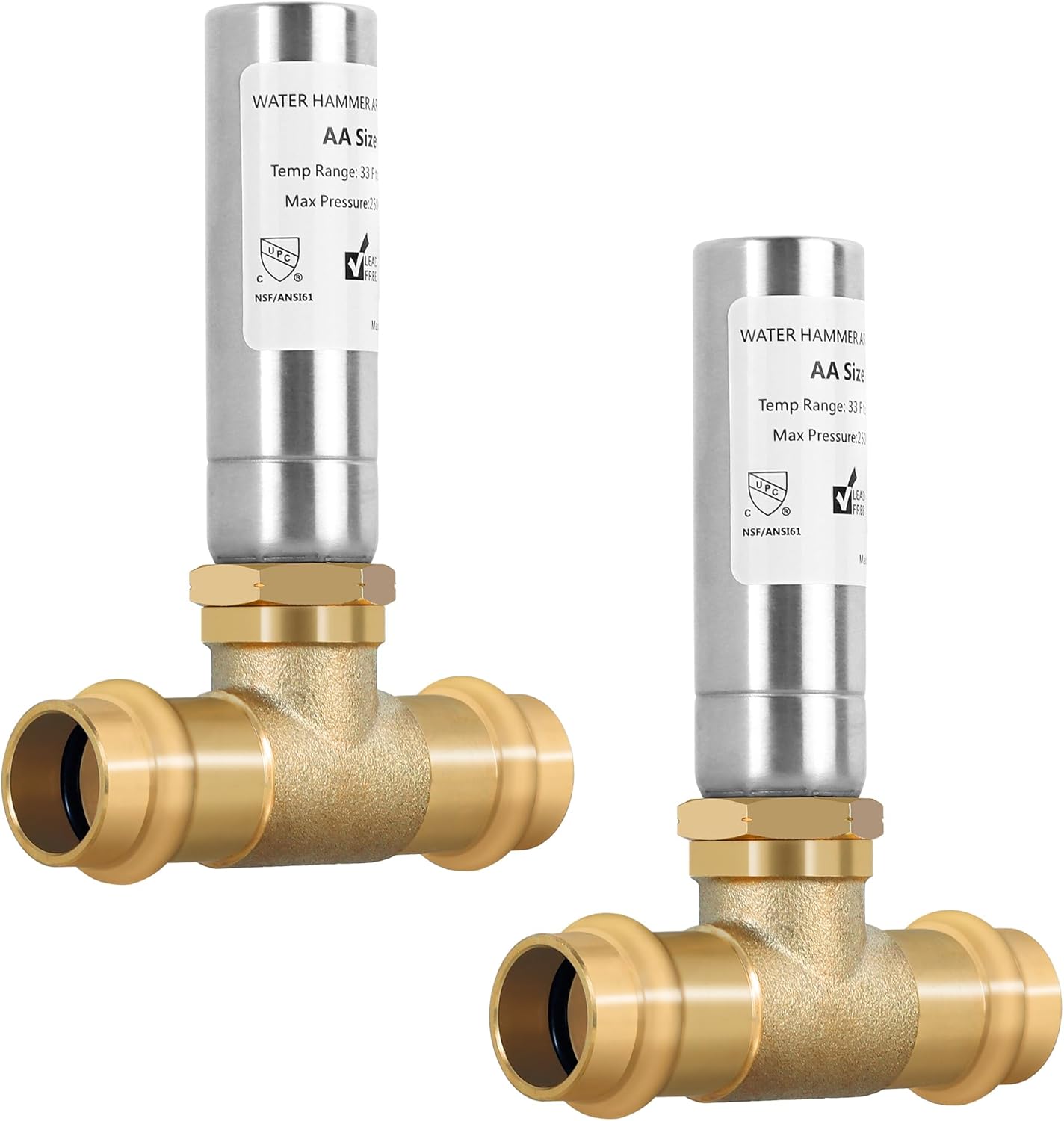 Propress Water Hammer Arrestor (2-Pack) - 1/2" Copper Press Connection, Tee, Stainless Steel - Reduce Pressure and Noise