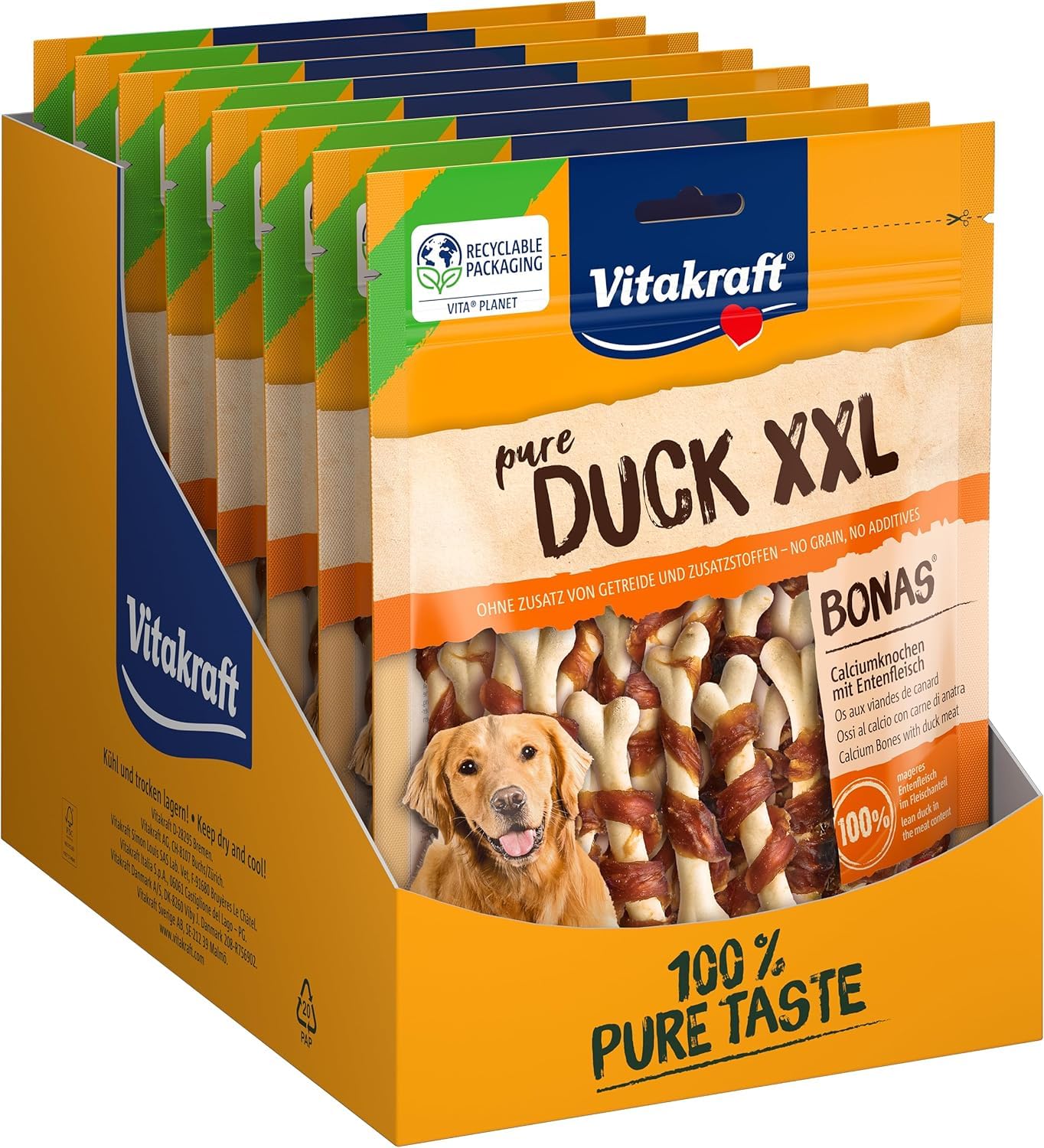 Vitakraft Pure Duck XXL Bonas, golosinas para perros, huesos de calcio con carne de pato, golosinas de adiestramiento para perros, sin azúcar añadido (8x 200g)