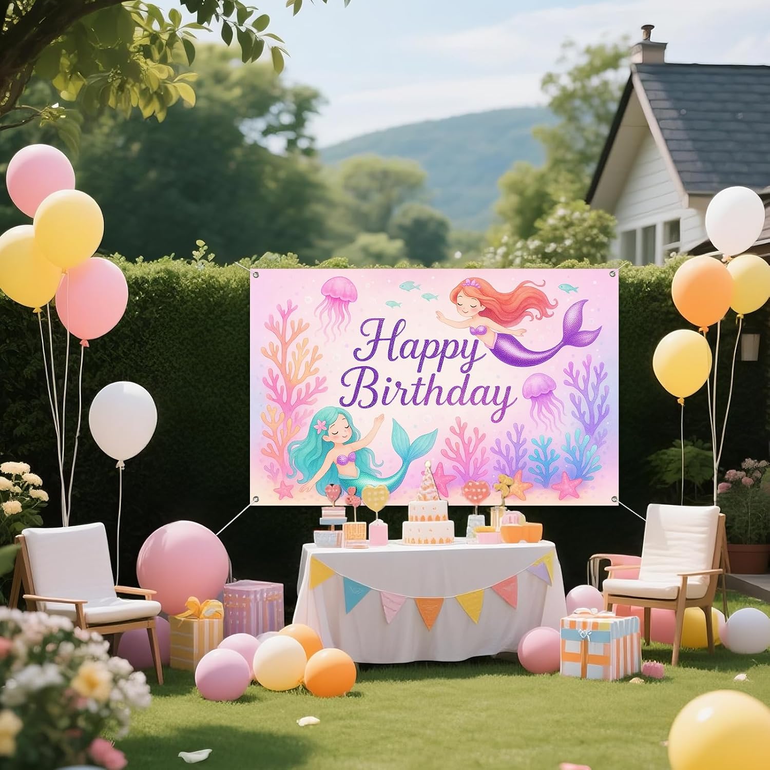 IVN Happy Birthday Decorations Banner 71x43 Inch Backdrop Soft Pink Mermaid Coral Ocean Birthday Wall Background Poster for Men Women Kids - Image 4