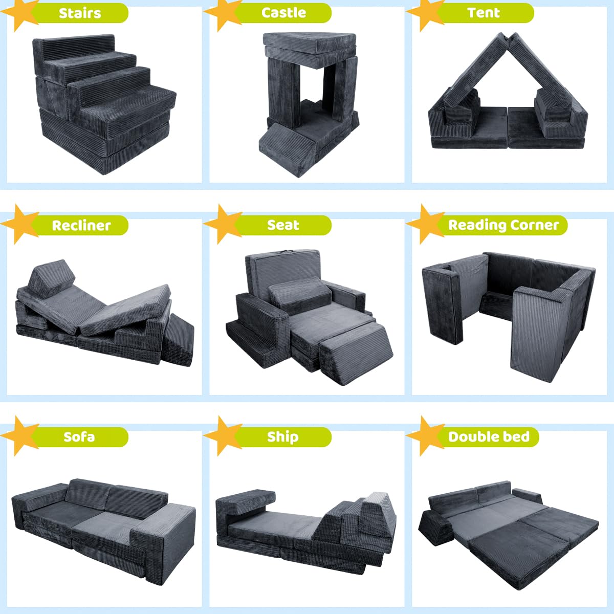 7PCS Kids Play Couch, Premium Modular Kids Play Couch for Toddler
