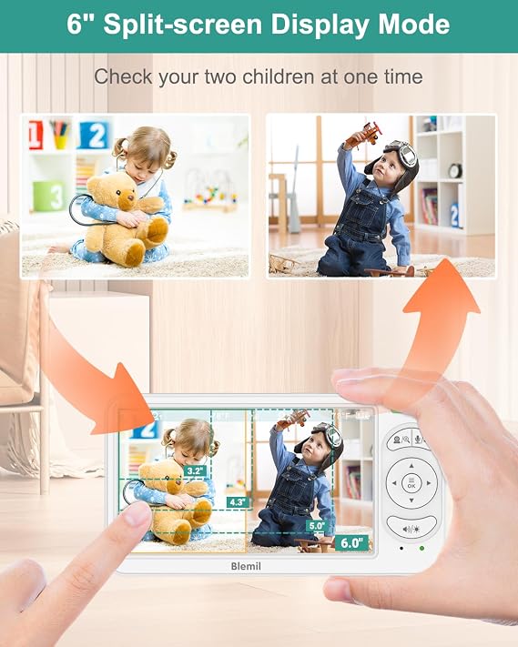 Blemil 6 Baby Monitor with 2 Cameras 4000mAh Battery Upgrade Split Screen Video Baby Monitor No WiFi Remote Pan-Tilt-Zoom Auto-Night Vision 150 Languages ECO Mode 2-Way Talk 1000FT (Ideal Condition)