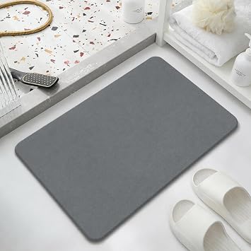 Stone Bath Mat Diatomite Quick Dry Bath Mat Non Slip Anti Mould Absorbent Magic Mat for Bathroom Floor with Non-slip Pad and Sandpaper Dark gray, 39 * 60 * 0.9cm