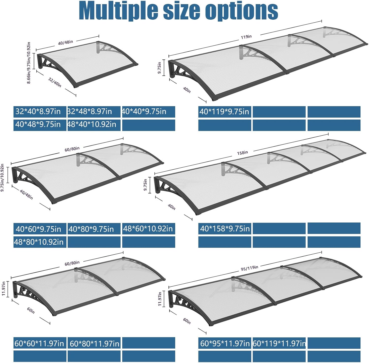 60x95'' Window Door Awning Exterior, UV/Rain/Snow/Sunlight Polycarbonate Overhang Canopy, House Overdoor Awnings for Door Entrance Outside/Patio/Porch