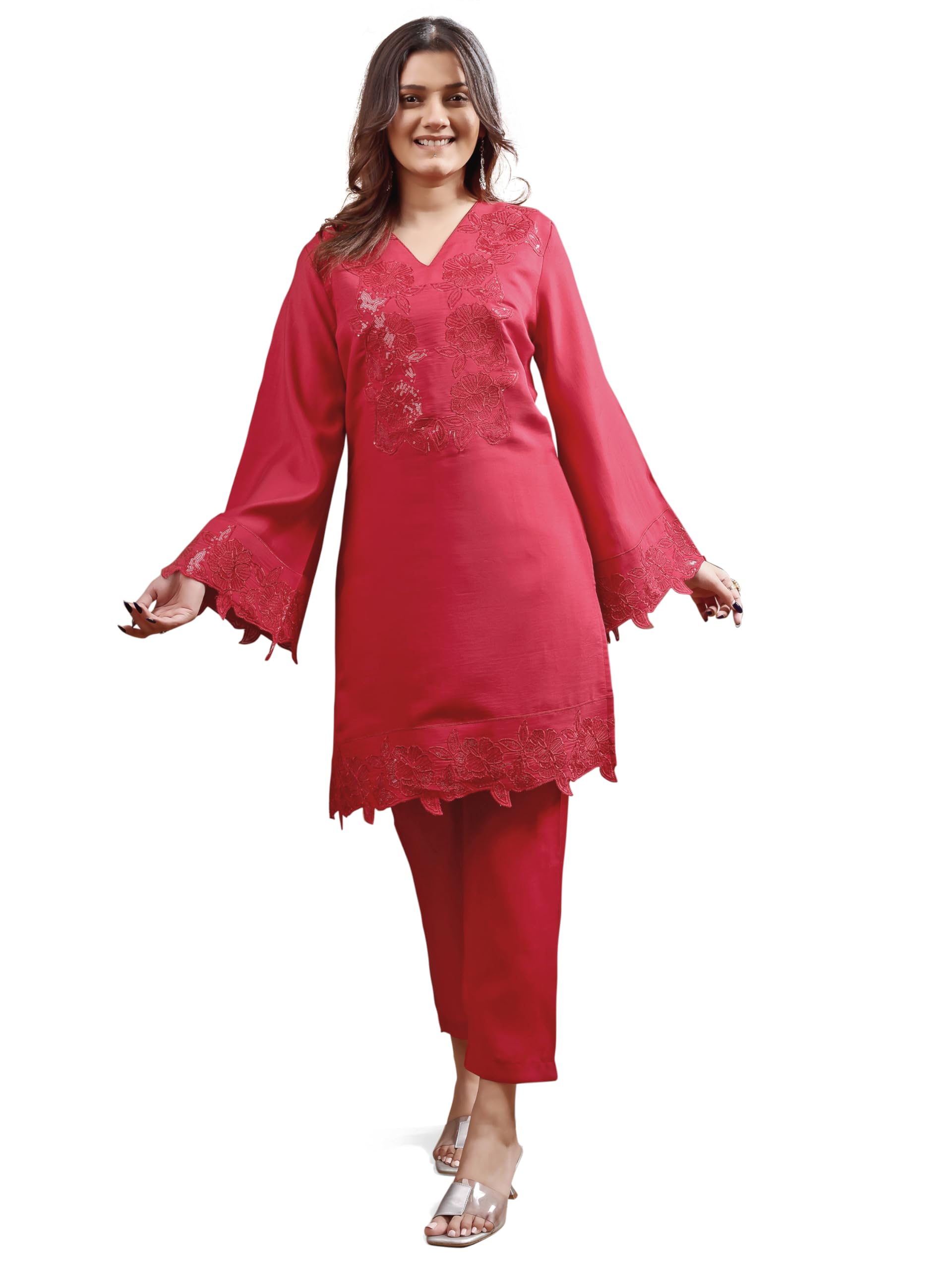 Womanista Women's Silk Blend Solid Regular Set (Co-Ords_9062_Red_M)