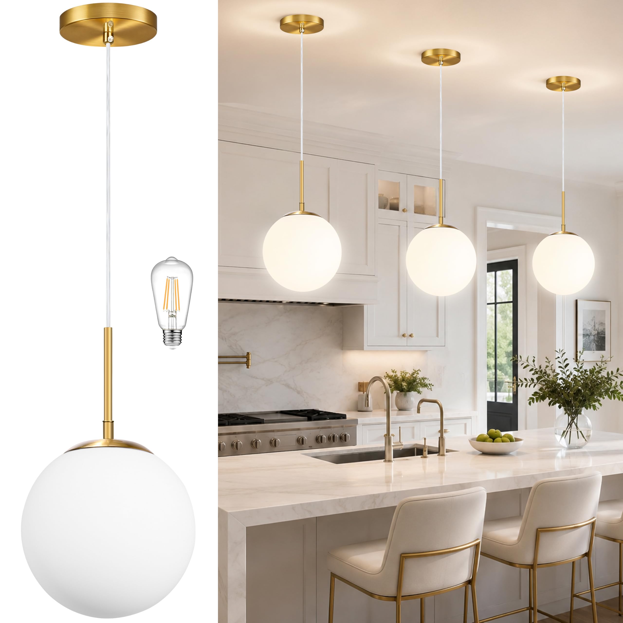 Photo 1 of KoKo&Yukina 10" Modern Globe Pendant Light Mid-Century Gold Pendant Lights Kitchen Island Height Adjustable Milk Glass Pendant Light Fixture for Dining Room Bedroom Hallway Entryway Sink Bulb Incl.