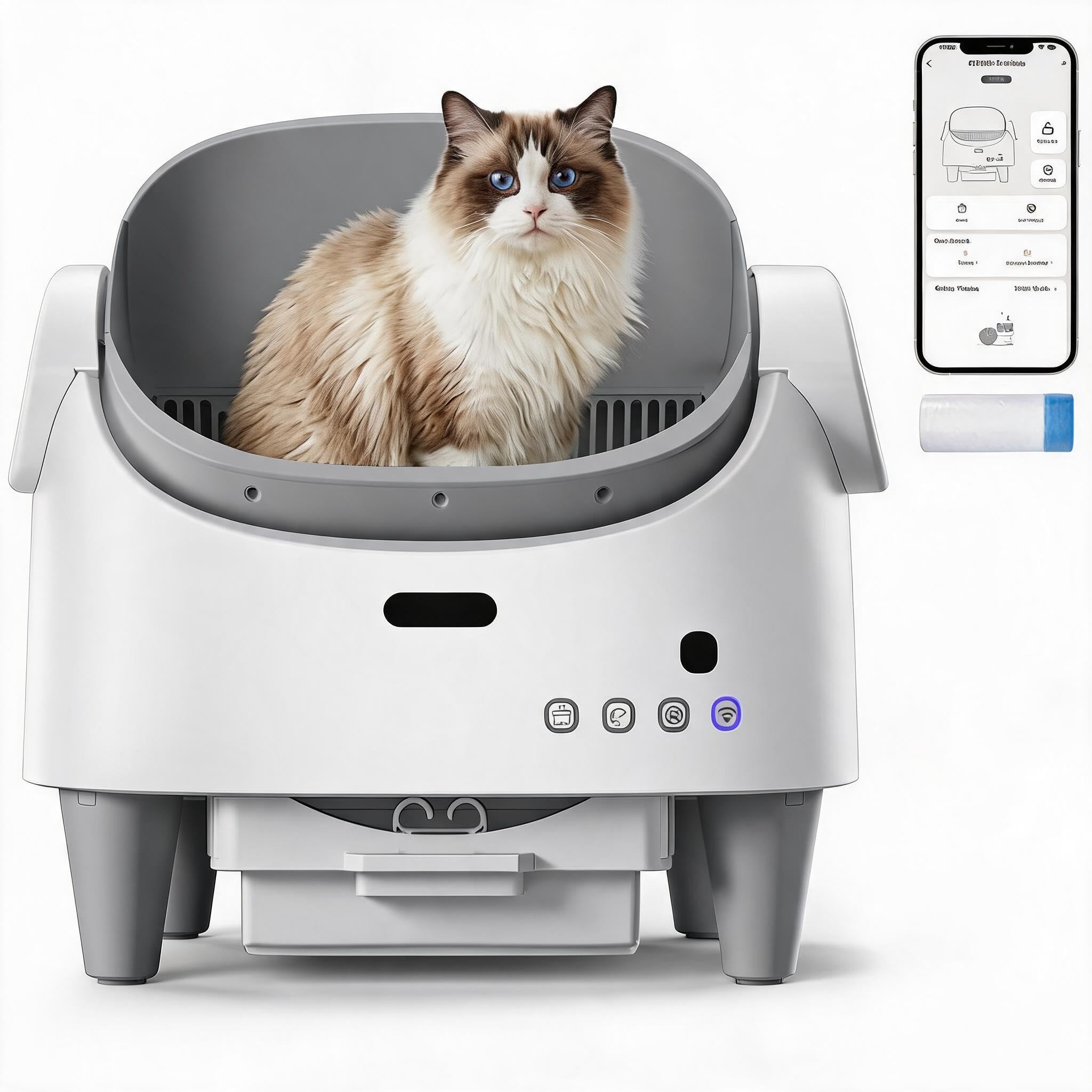 7.8L Automatic Self-Cleaning Litter Box, 3 Adjustable Height Open-Type Smart Litter Box, APP-Controlled, Quiet Operation, ABS Plastic 4075B-5, 41 x 54 x 55 cm, White
