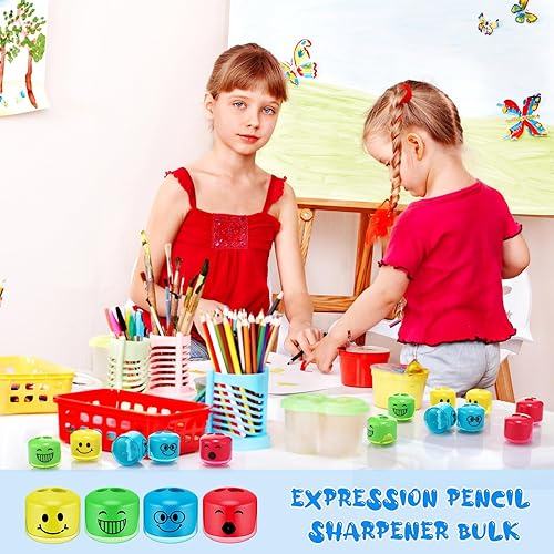 Miniatura 4 de Sacapuntas de mano para niños, sacapuntas manual de doble agujero, sacapuntas de expresión de dibujos animados coloridos para escuela, oficina, sala