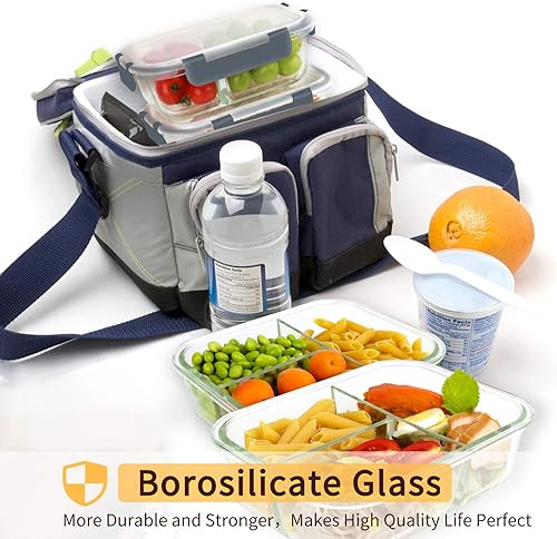 Miniatura 5 de Bayco Paquete de 8 recipientes de vidrio para preparación de comidas, 3 compartimentos, recipientes de vidrio para almacenamiento de alimentos con