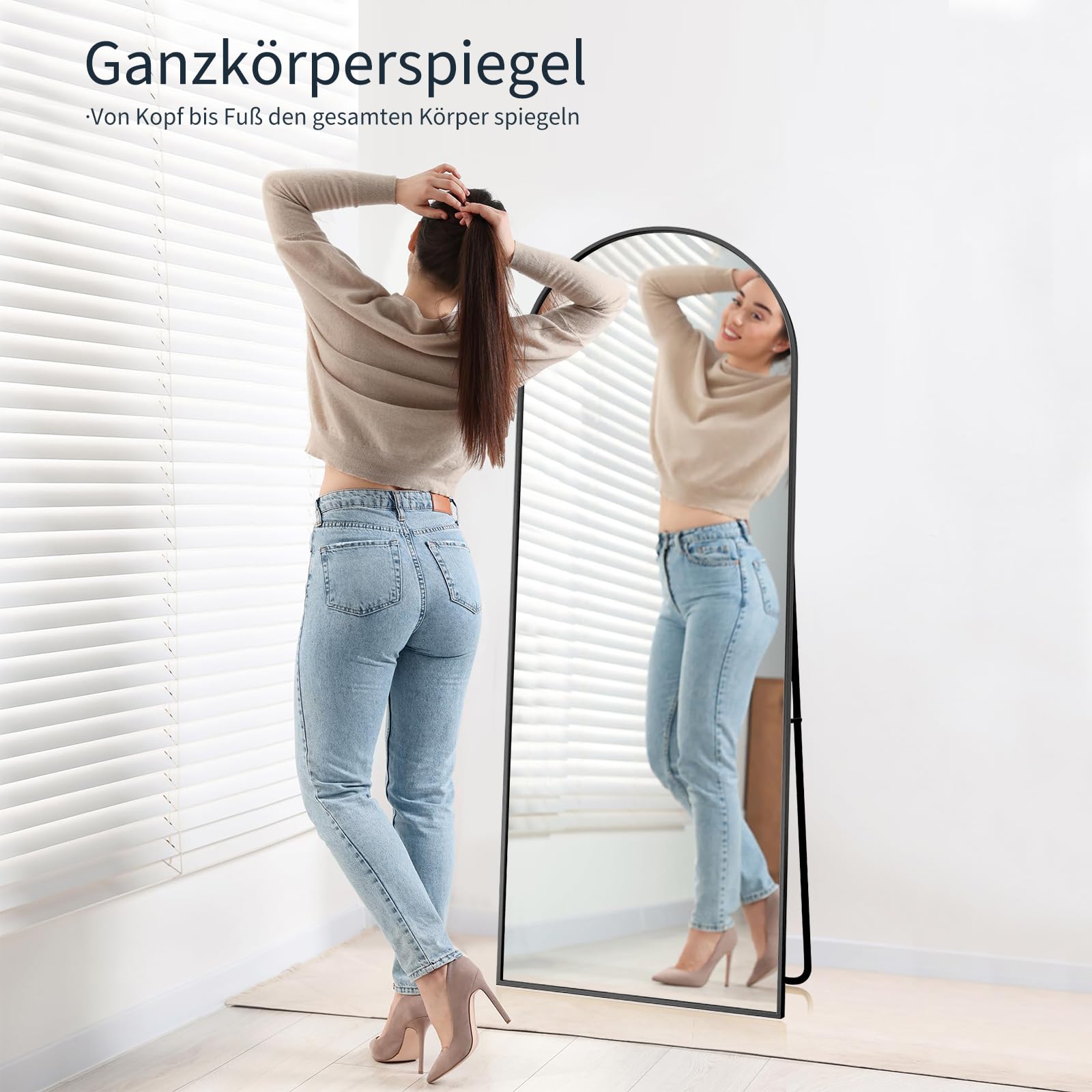 Standspiegel mit Aluminiumrahmen, 162 x 53 cm dekorative Wandspiegel mit gewölbtem Top, Boden großer Spiegel Standspiegel, groß Ganzkörperspiegel, Spiegel für das Badezimmer mit Ständer, Schwarz