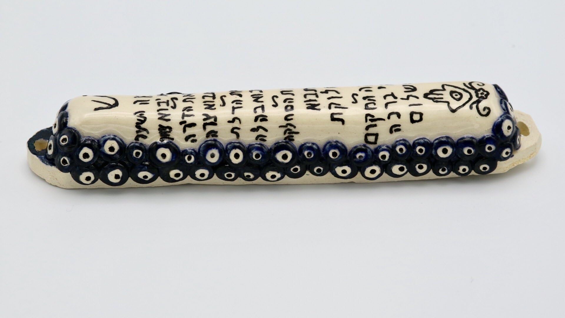 Kaballah evil eye home blessing ceramic mezuzah case in white and blue