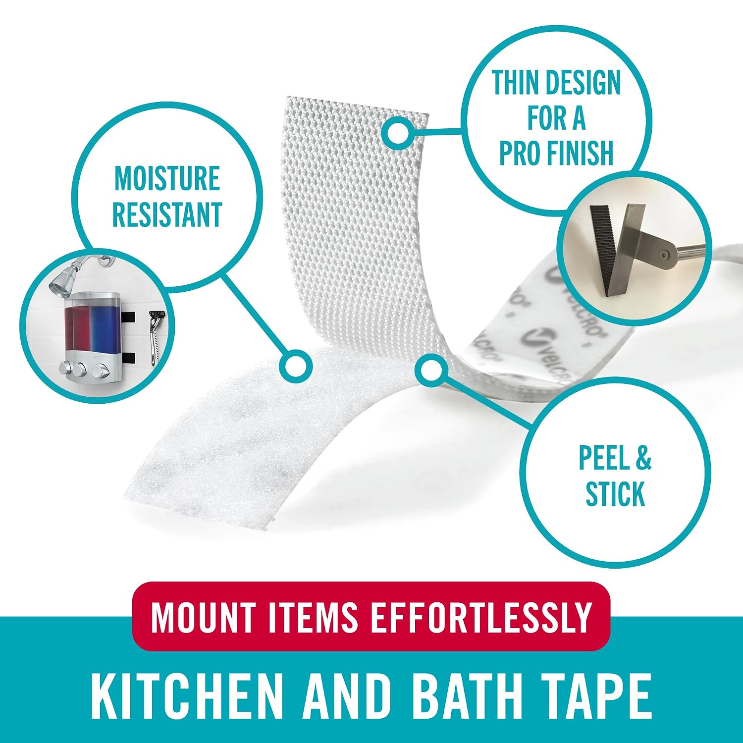 VELCRO Brand Kitchen and Bath Mounting Tape. Moisture Resistant for Installing Shower Accessories and Bathroom Decor. 12ft Heavy Duty Roll Holds 10 pounds. Easy Peel and Stick Application, White