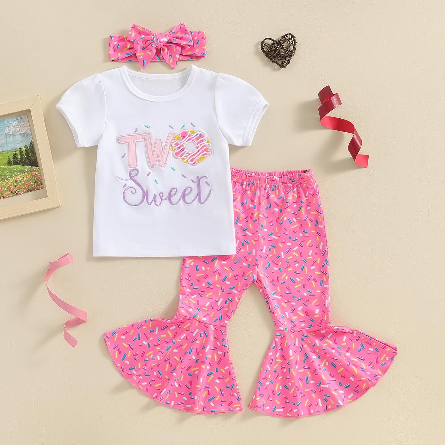 YOKJZJD 3Pcs Baby Girl 1st Birthday Outfit Sweet One Two Sweet Short Sleeve T-Shirt Tops Bell Bottom Pants Set Summer Clothes - Image 3