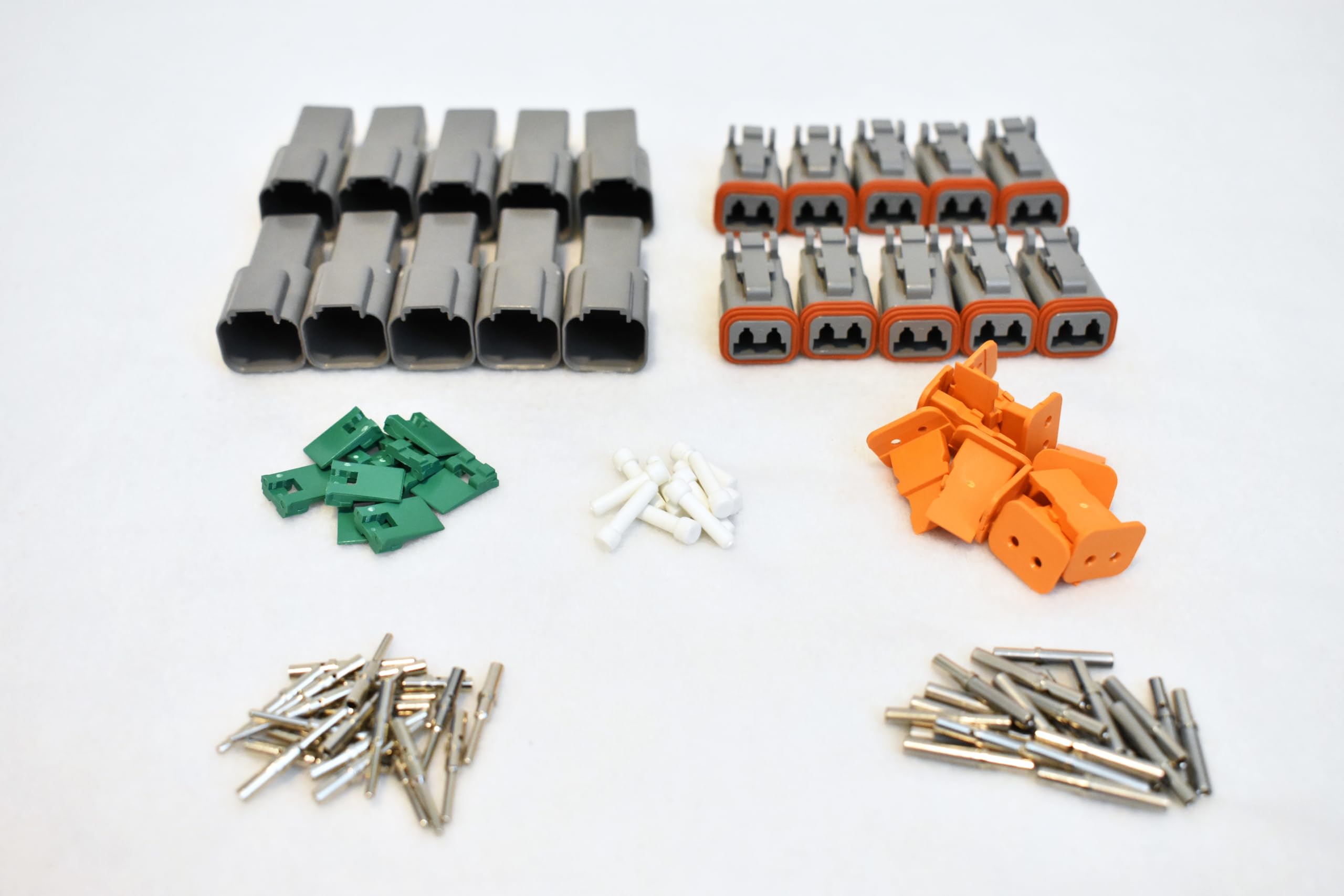 DT Connector Gray Waterproof Electrical Wire Connector with Deutsch Solid Contacts 16-20 AWG and Sealing Plugs (2 Pin, 10 Sets)