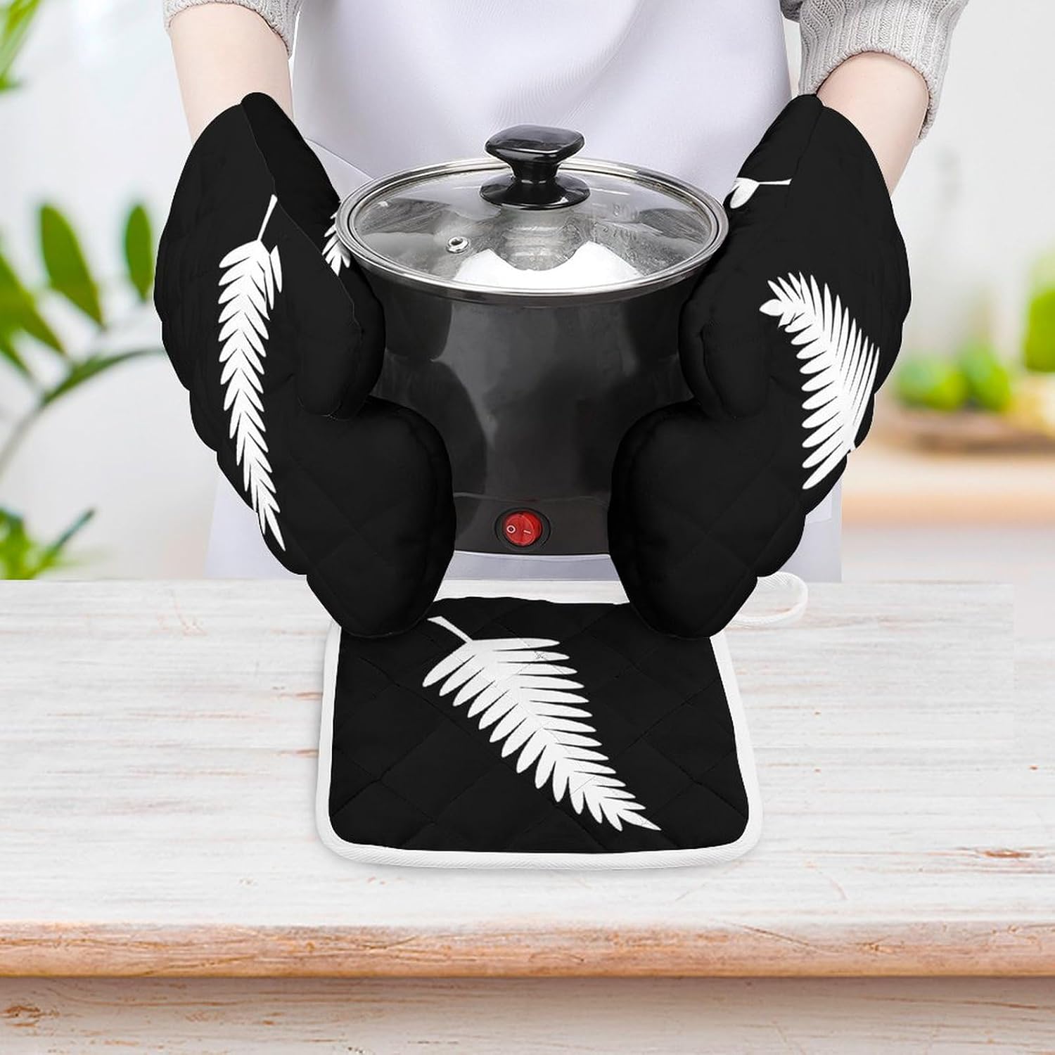 New Zealand Maori Fern Print Oven Mitts and Pot Holders 3 Piece Sets Heat Resistant Gloves Hot Pads Potholders for Kitchen Baking Cooking