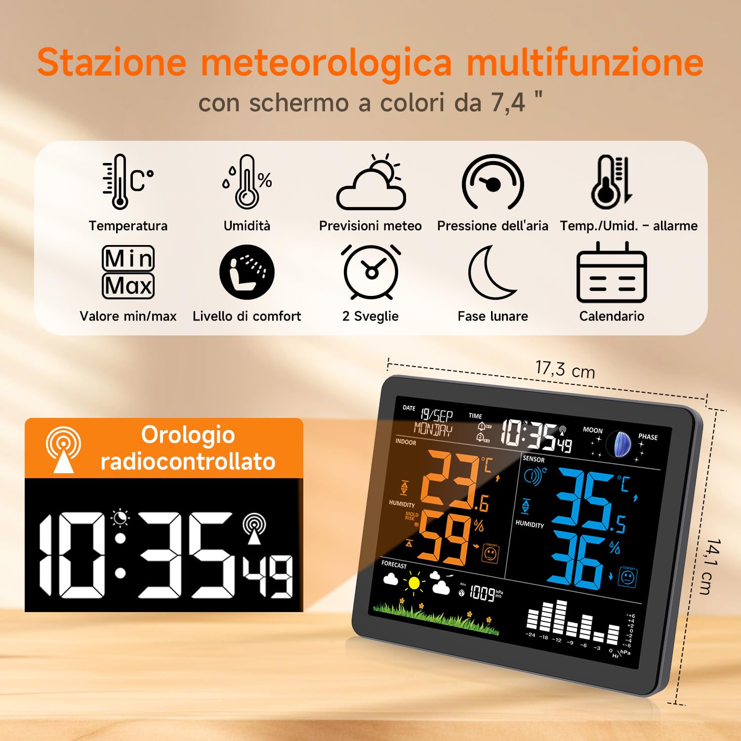 Uzoli EM3566 Stazione meteo con sensore esterno, Temperatura e Umidità, Previsioni del tempo, Pressione atmosferica, Orologio radiocontrollato, Fase lunare, Livello di comfort, Rischio muffa