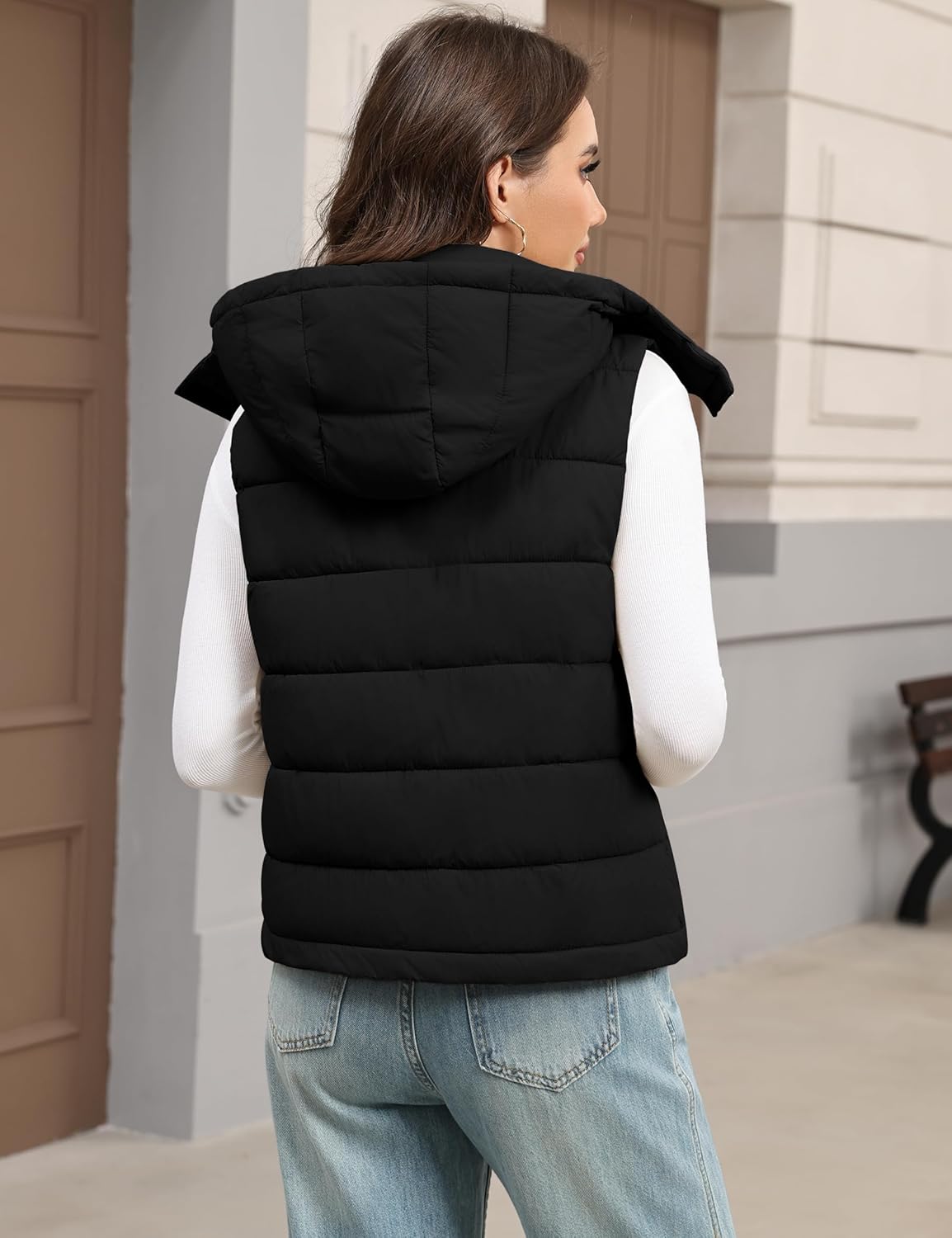 Women's Puffer Vest Detachable Hooded Stand Collar Zip Up Puffy Quilted Vests Outerwear With Pockets Fall Winter - Image 2