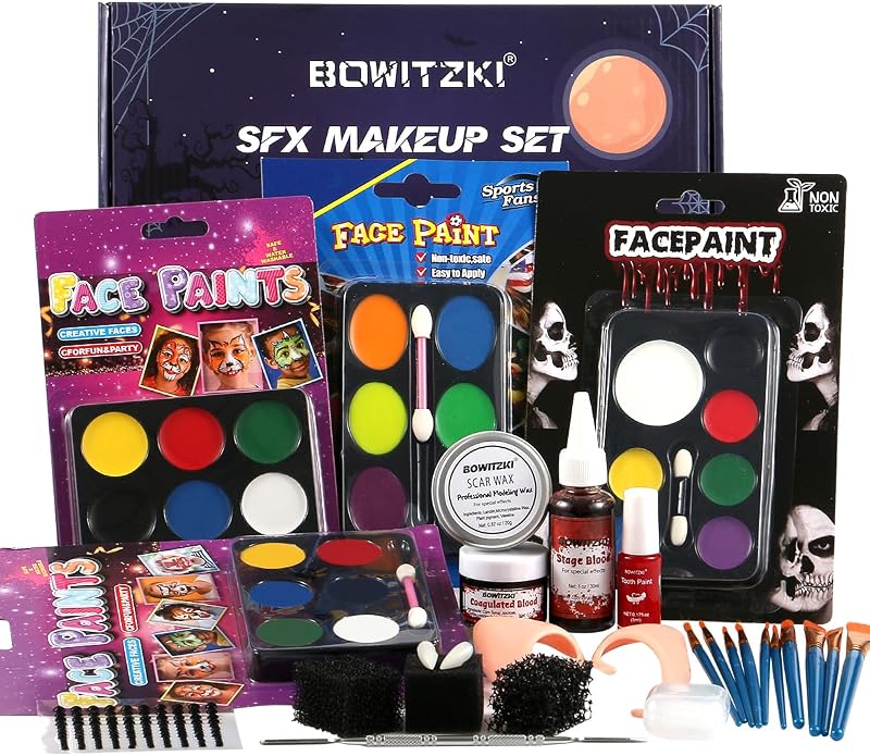 Bowitzki Set de maquillaje de Halloween Pintura facial a base de aceite Kit de efectos especiales Esponjas SFX Cera para cicatrices Cepillo de sangre falsa Pintura dental Fiesta de Halloween SFX Cosplay